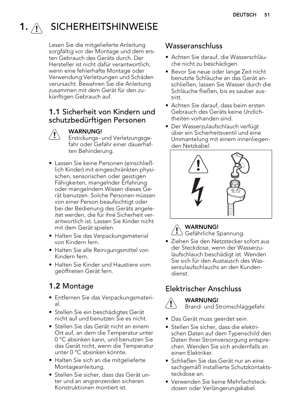 Sicherheitshinweise, 2 montage, Wasseranschluss | Elektrischer anschluss | AEG F34030VI0 User Manual | Page 51 / 68