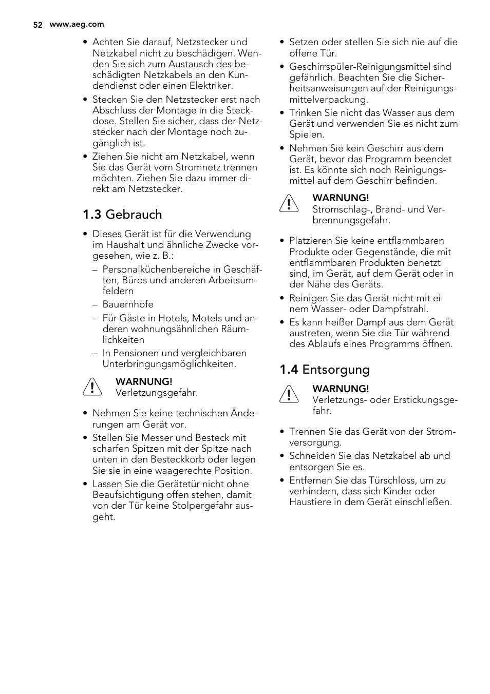 3 gebrauch, 4 entsorgung | AEG F34030VI0 User Manual | Page 52 / 68