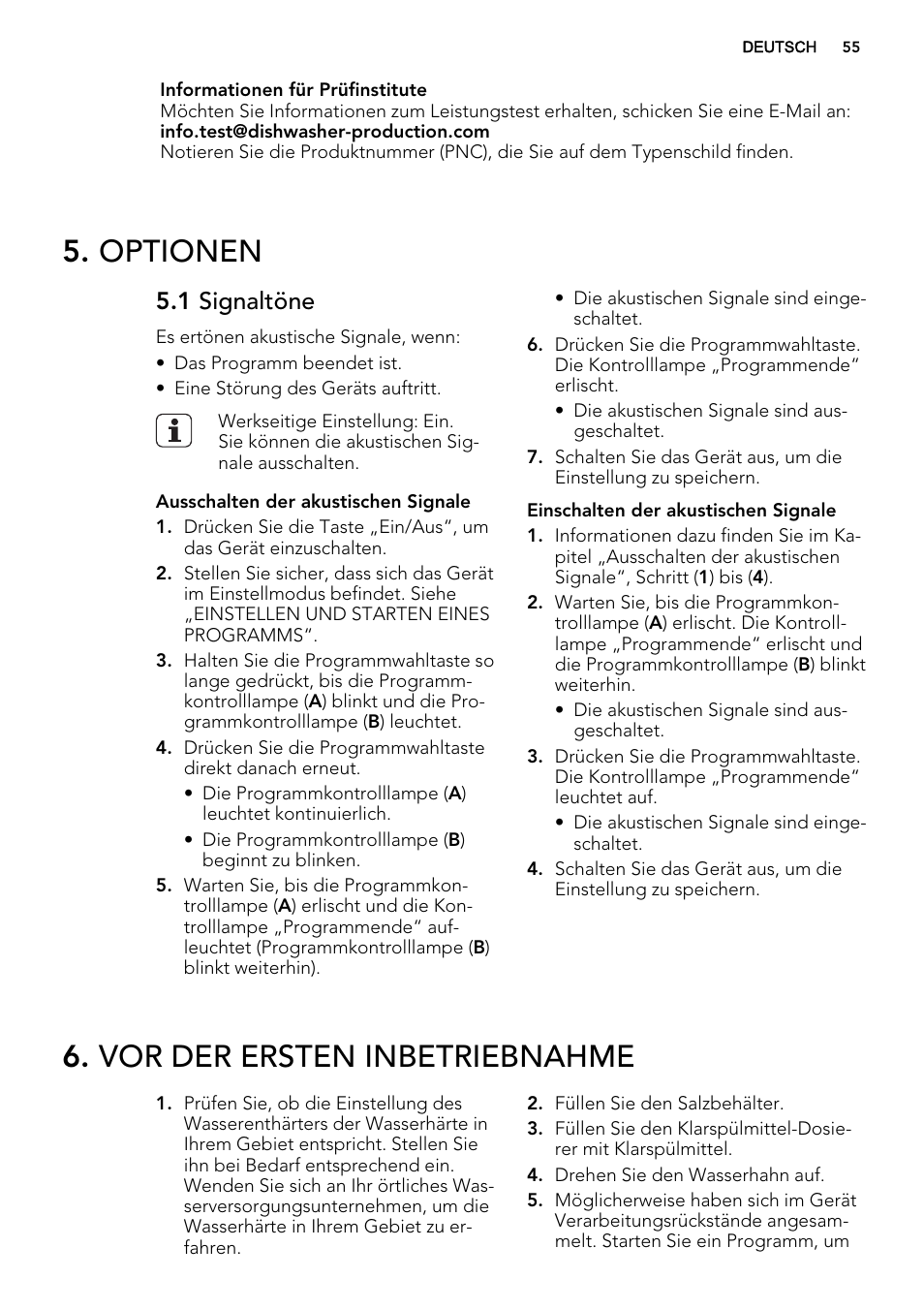 Optionen, Vor der ersten inbetriebnahme, 1 signaltöne | AEG F34030VI0 User Manual | Page 55 / 68