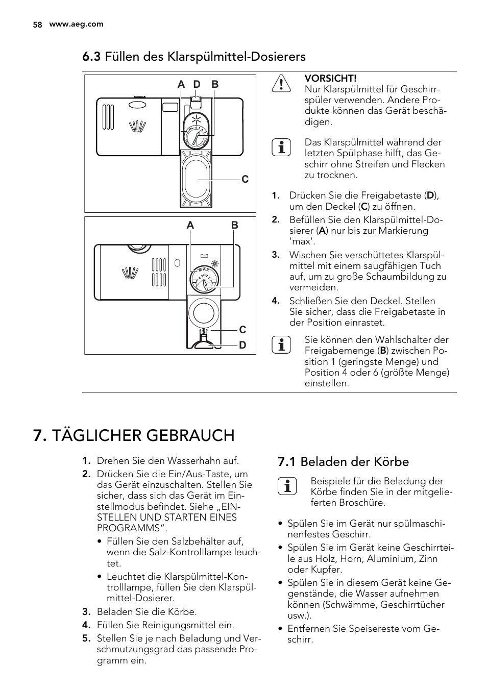 Täglicher gebrauch, 3 füllen des klarspülmittel-dosierers, 1 beladen der körbe | AEG F34030VI0 User Manual | Page 58 / 68