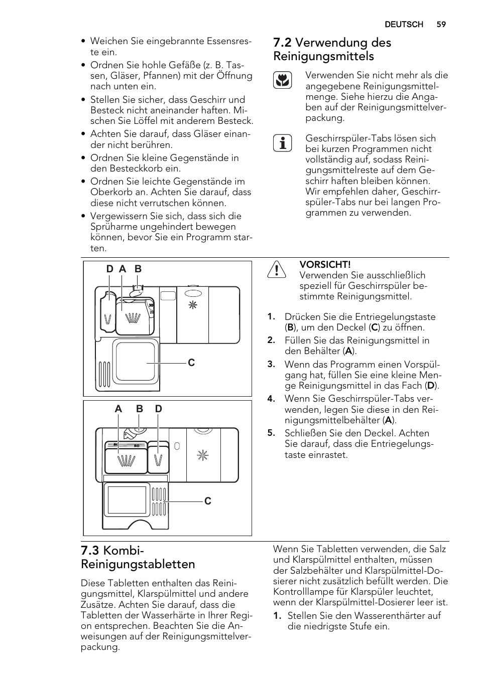 2 verwendung des reinigungsmittels, 3 kombi- reinigungstabletten, A b d | Ad c | AEG F34030VI0 User Manual | Page 59 / 68