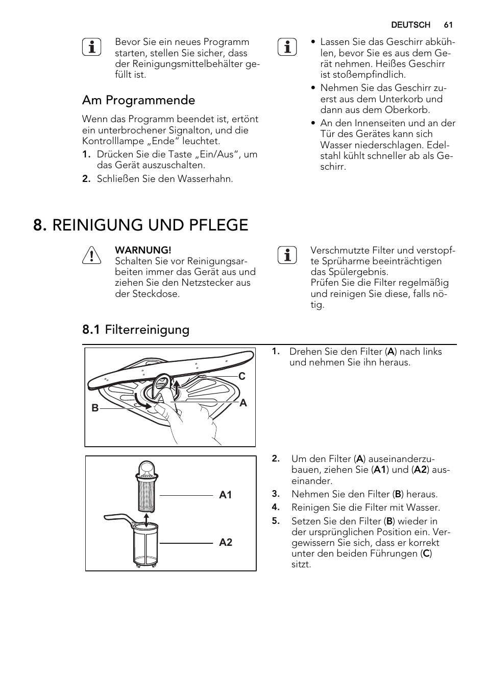 Reinigung und pflege, Am programmende, 1 filterreinigung | AEG F34030VI0 User Manual | Page 61 / 68