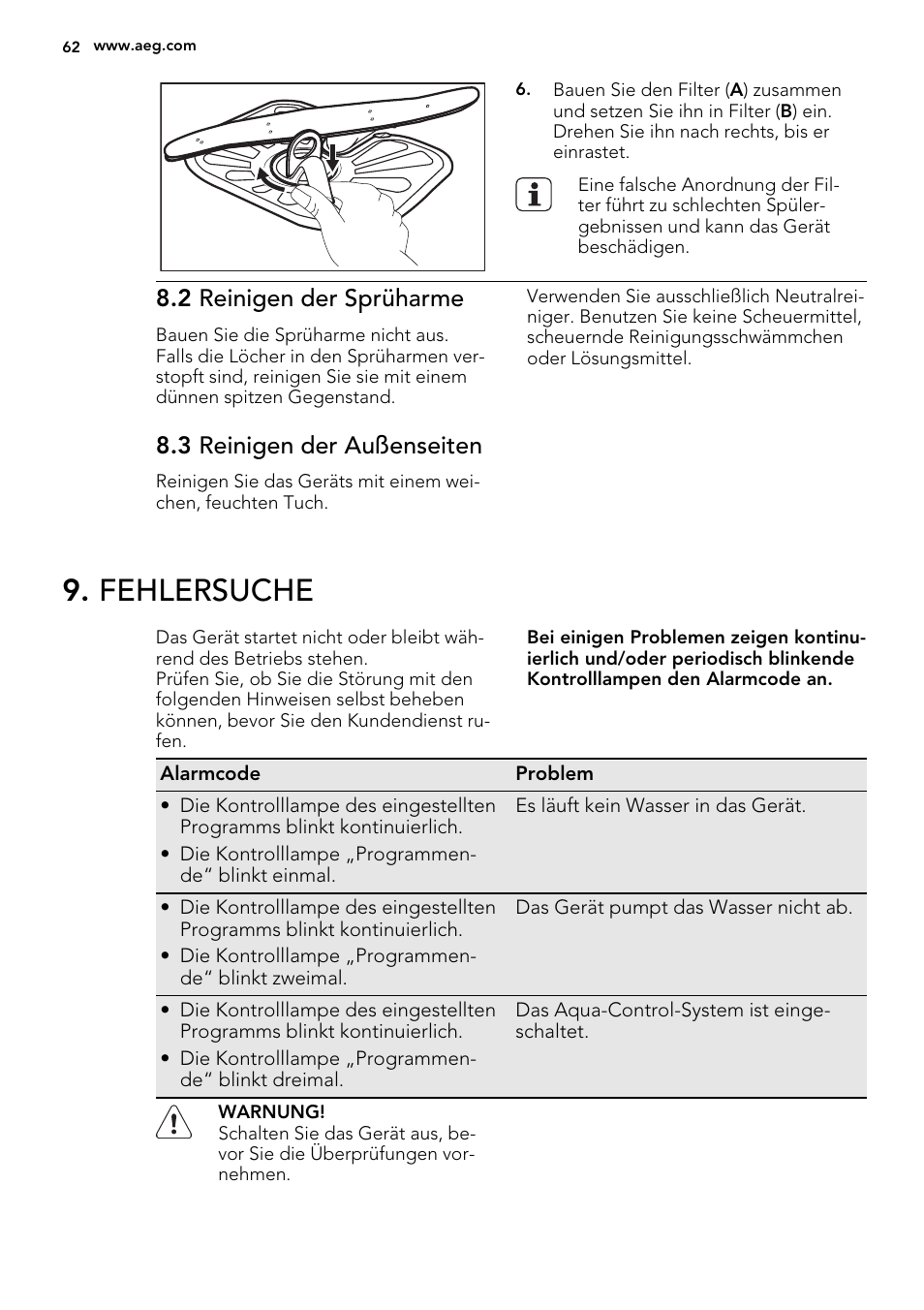 Fehlersuche, 2 reinigen der sprüharme, 3 reinigen der außenseiten | AEG F34030VI0 User Manual | Page 62 / 68