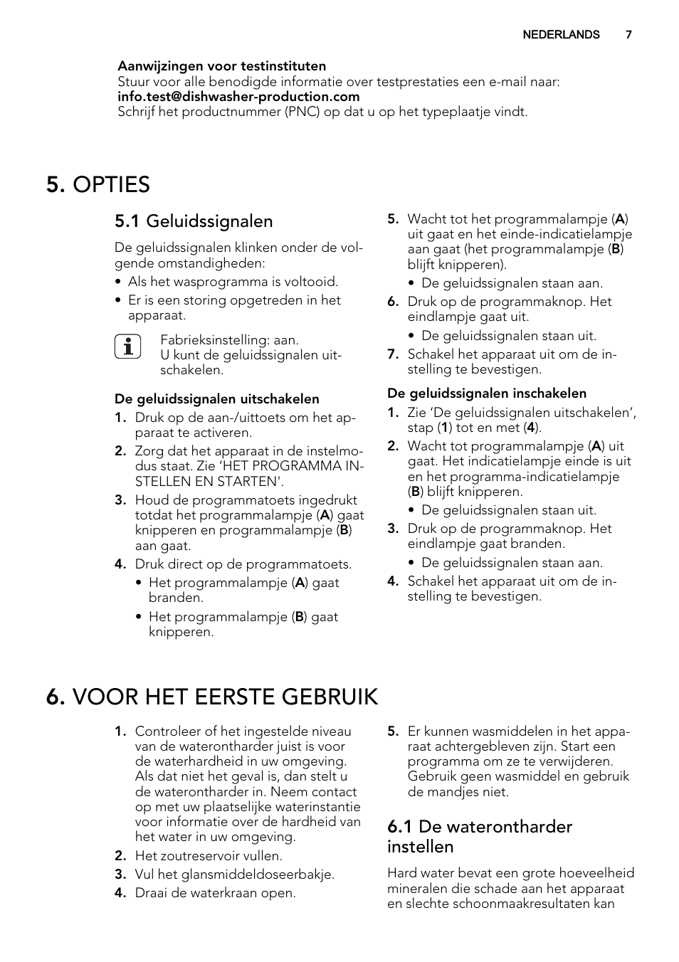 Opties, Voor het eerste gebruik, 1 geluidssignalen | 1 de waterontharder instellen | AEG F34030VI0 User Manual | Page 7 / 68