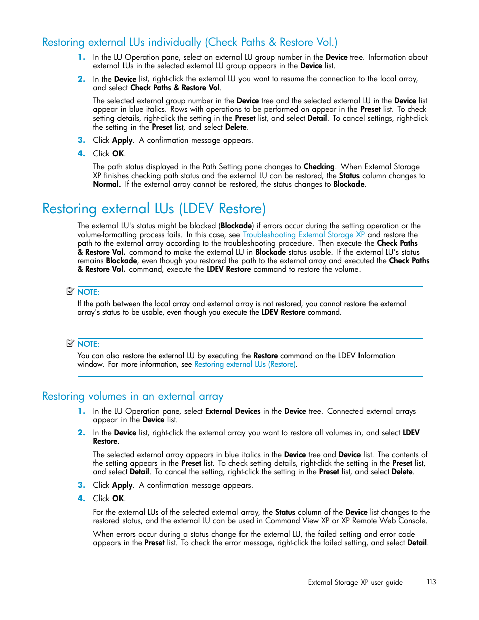Restoring external lus (ldev restore), Restoring volumes in an external array | HP XP Data Shredder Software User Manual | Page 113 / 176