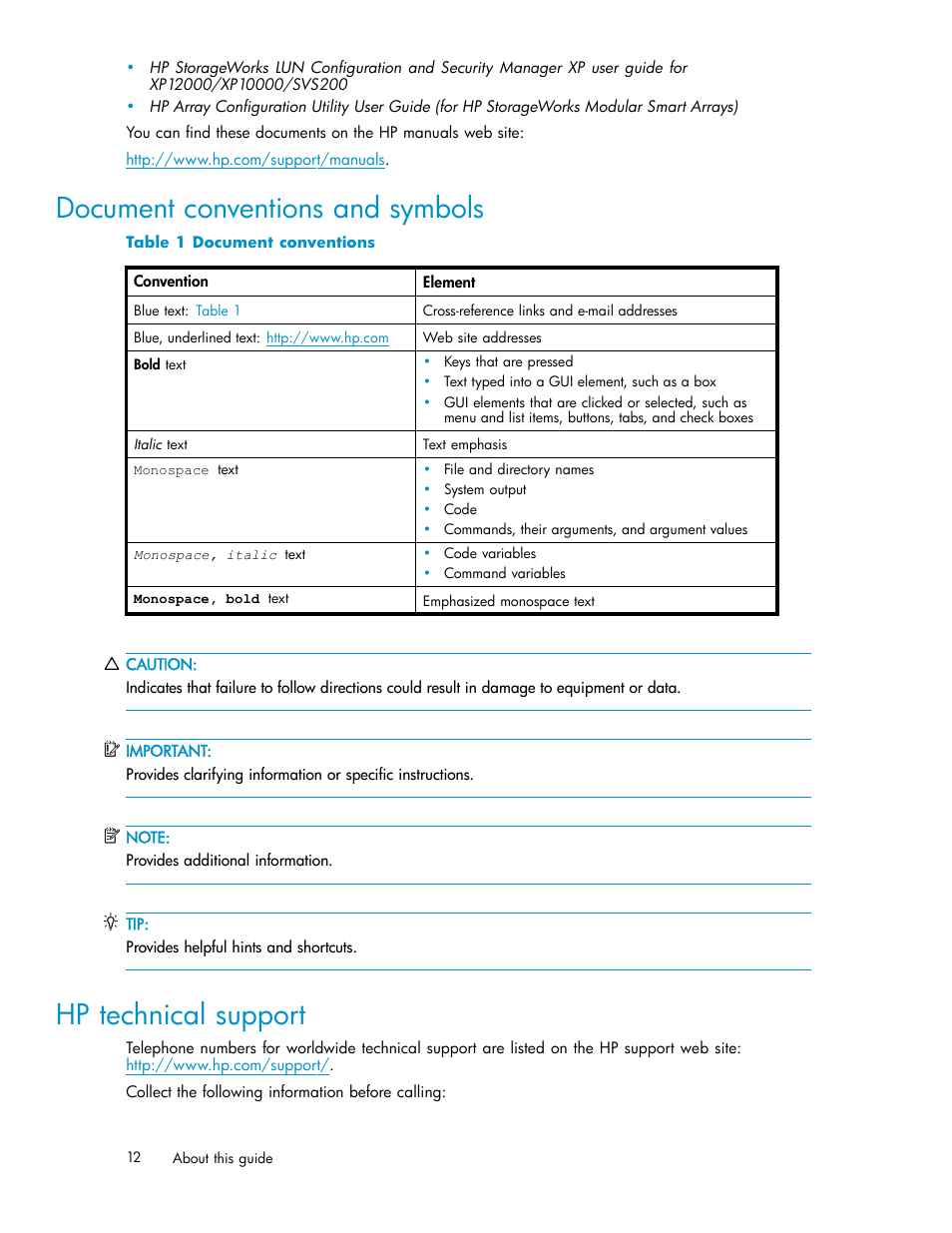 Document conventions and symbols, Hp technical support, Document conventions | HP XP Data Shredder Software User Manual | Page 12 / 176
