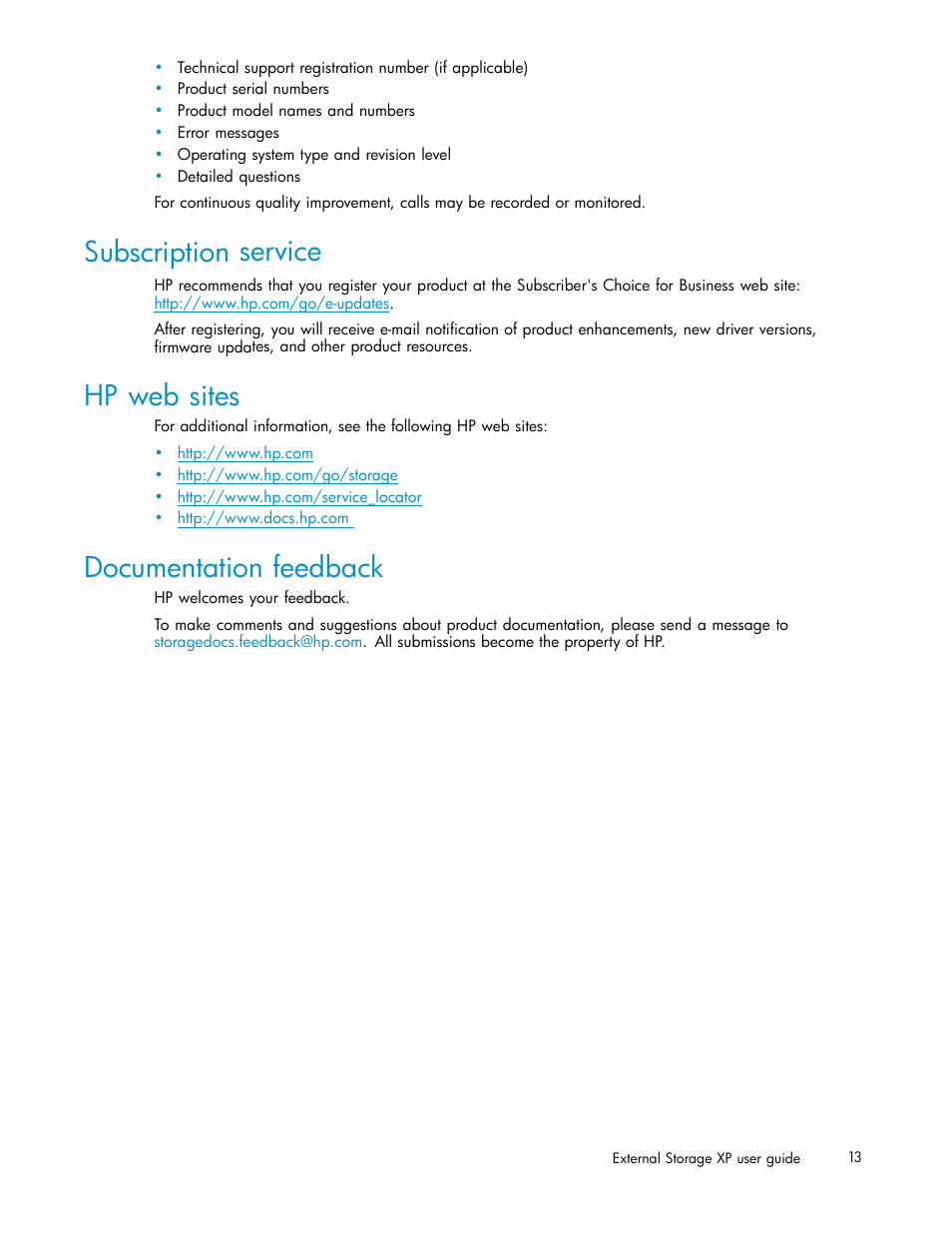 Subscription service, Hp web sites, Documentation feedback | HP XP Data Shredder Software User Manual | Page 13 / 176