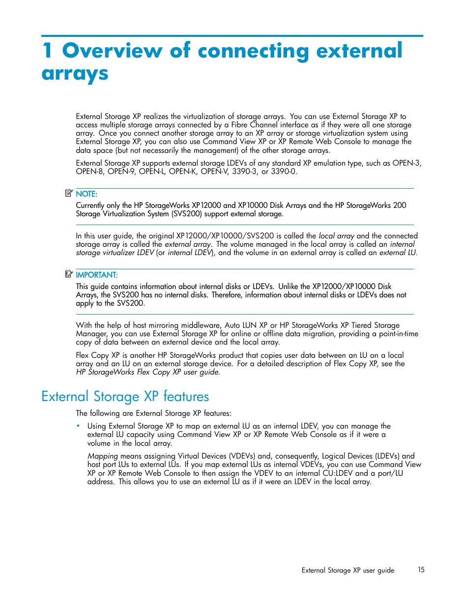 1 overview of connecting external arrays, External storage xp features | HP XP Data Shredder Software User Manual | Page 15 / 176