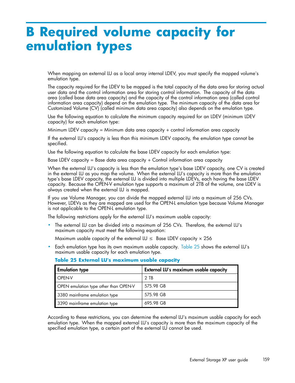B required volume capacity for emulation types, External lu's maximum usable capacity, Required volume | Capacity for emulation types | HP XP Data Shredder Software User Manual | Page 159 / 176
