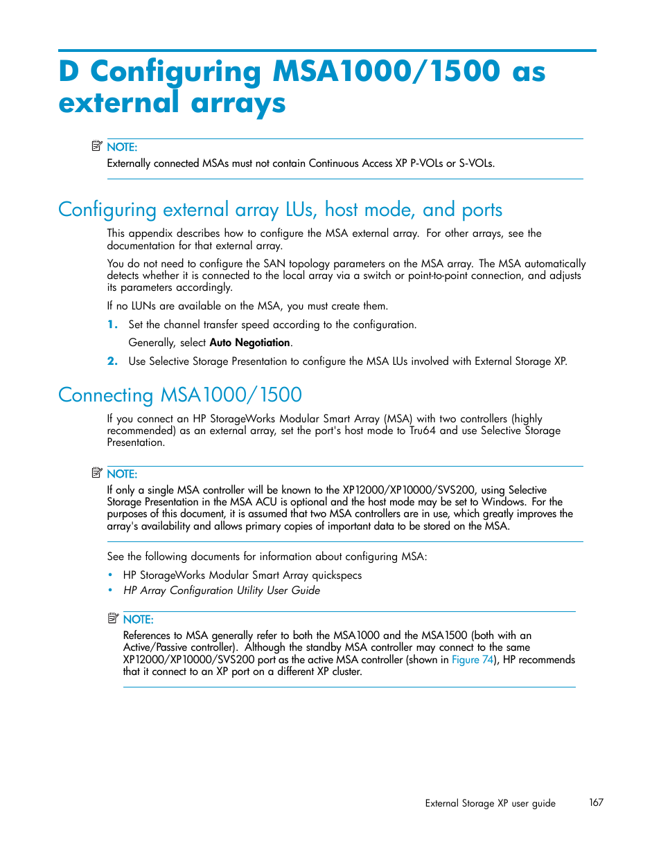 D configuring msa1000/1500 as external arrays, Connecting msa1000/1500 | HP XP Data Shredder Software User Manual | Page 167 / 176