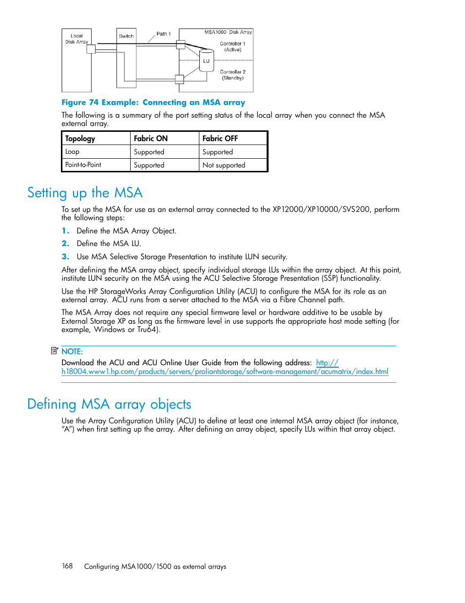 Setting up the msa, Defining msa array objects, Example: connecting an msa array | HP XP Data Shredder Software User Manual | Page 168 / 176