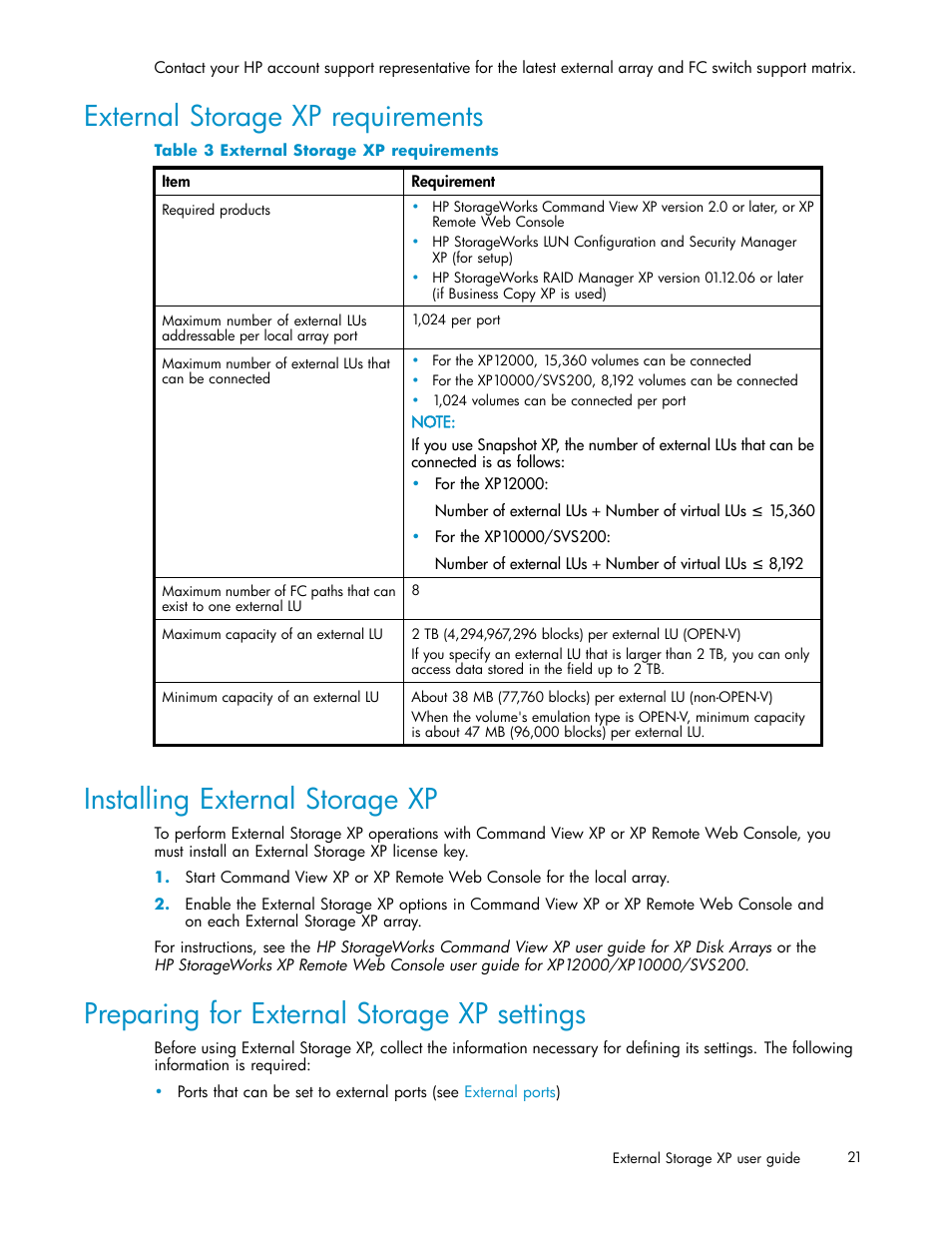 External storage xp requirements, Installing external storage xp, Preparing for external storage xp settings | HP XP Data Shredder Software User Manual | Page 21 / 176