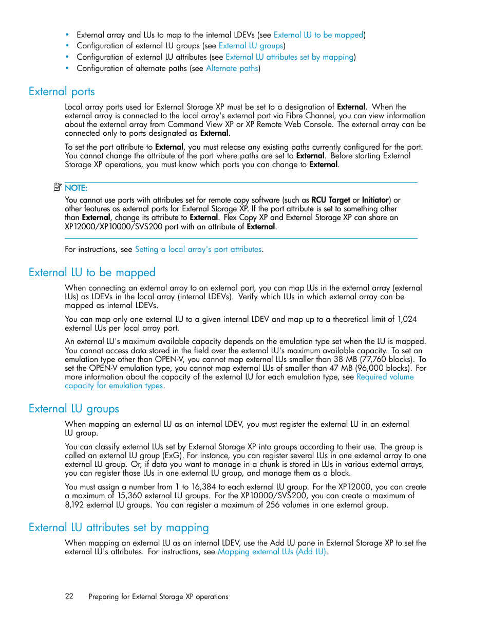 External ports, External lu to be mapped, External lu groups | External lu attributes set by mapping | HP XP Data Shredder Software User Manual | Page 22 / 176