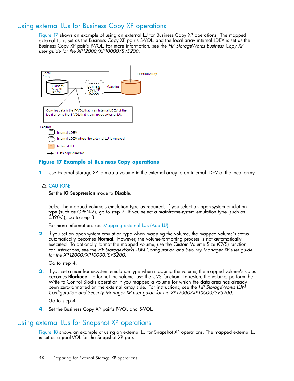 Using external lus for business copy xp operations, Using external lus for snapshot xp operations, Example of business copy operations | Using external lus for business, Copy xp operations, Using external lus for snapshot xp, Operations | HP XP Data Shredder Software User Manual | Page 48 / 176
