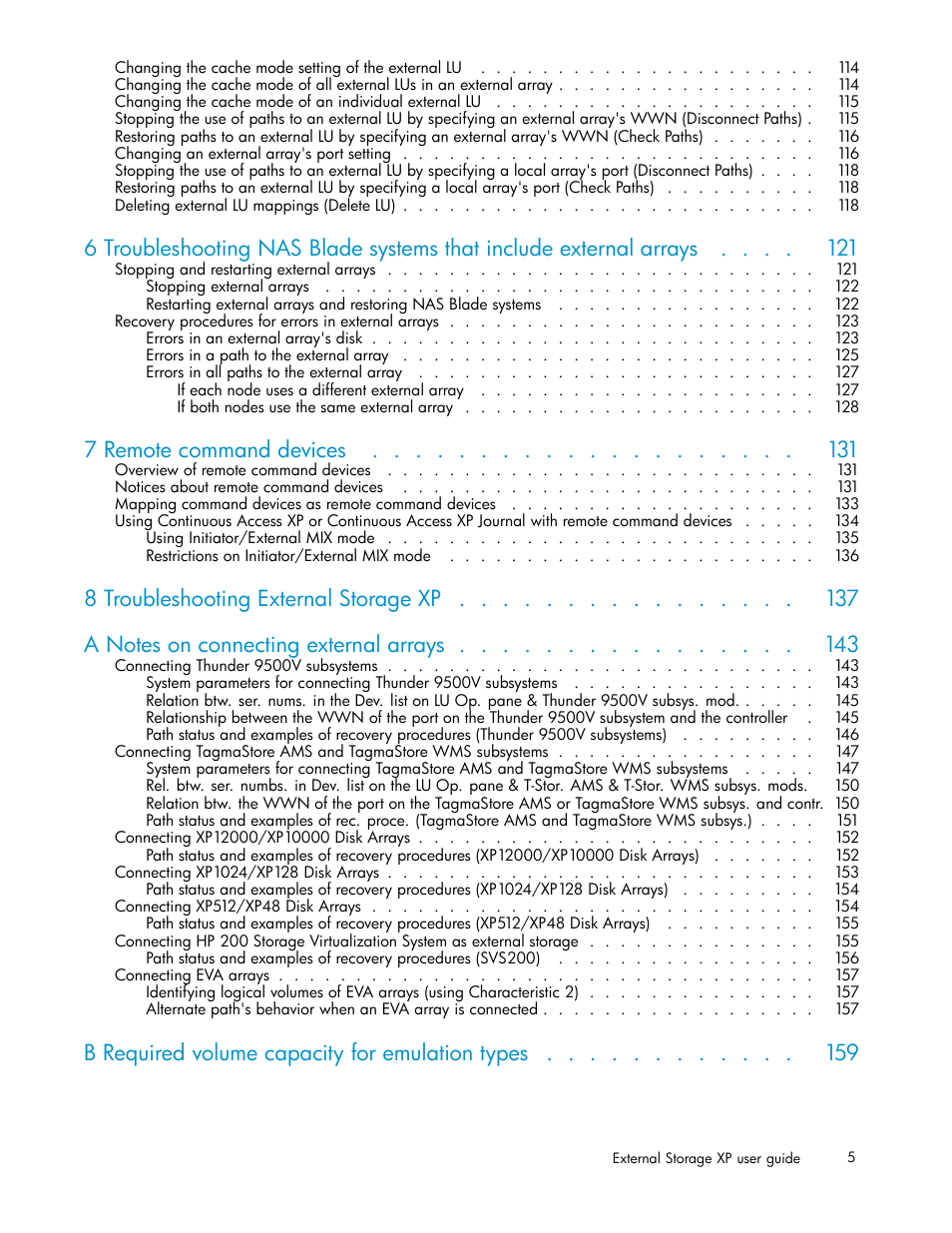 7 remote command devices, 8 troubleshooting external storage xp, A notes on connecting external arrays | B required colume capacity for emulation types, B required volume capacity for emulation types | HP XP Data Shredder Software User Manual | Page 5 / 176