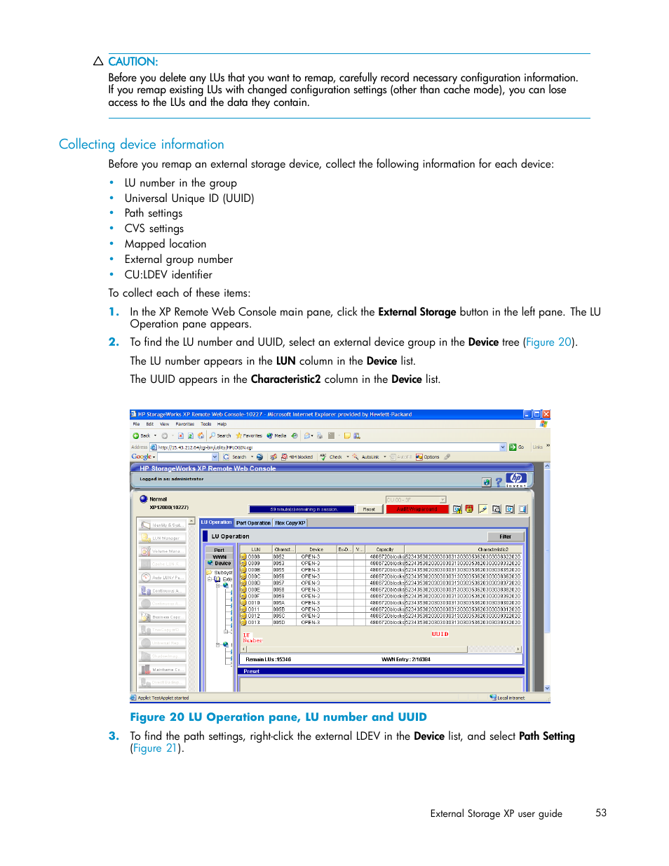 Collecting device information, Lu operation pane, lu number and uuid | HP XP Data Shredder Software User Manual | Page 53 / 176