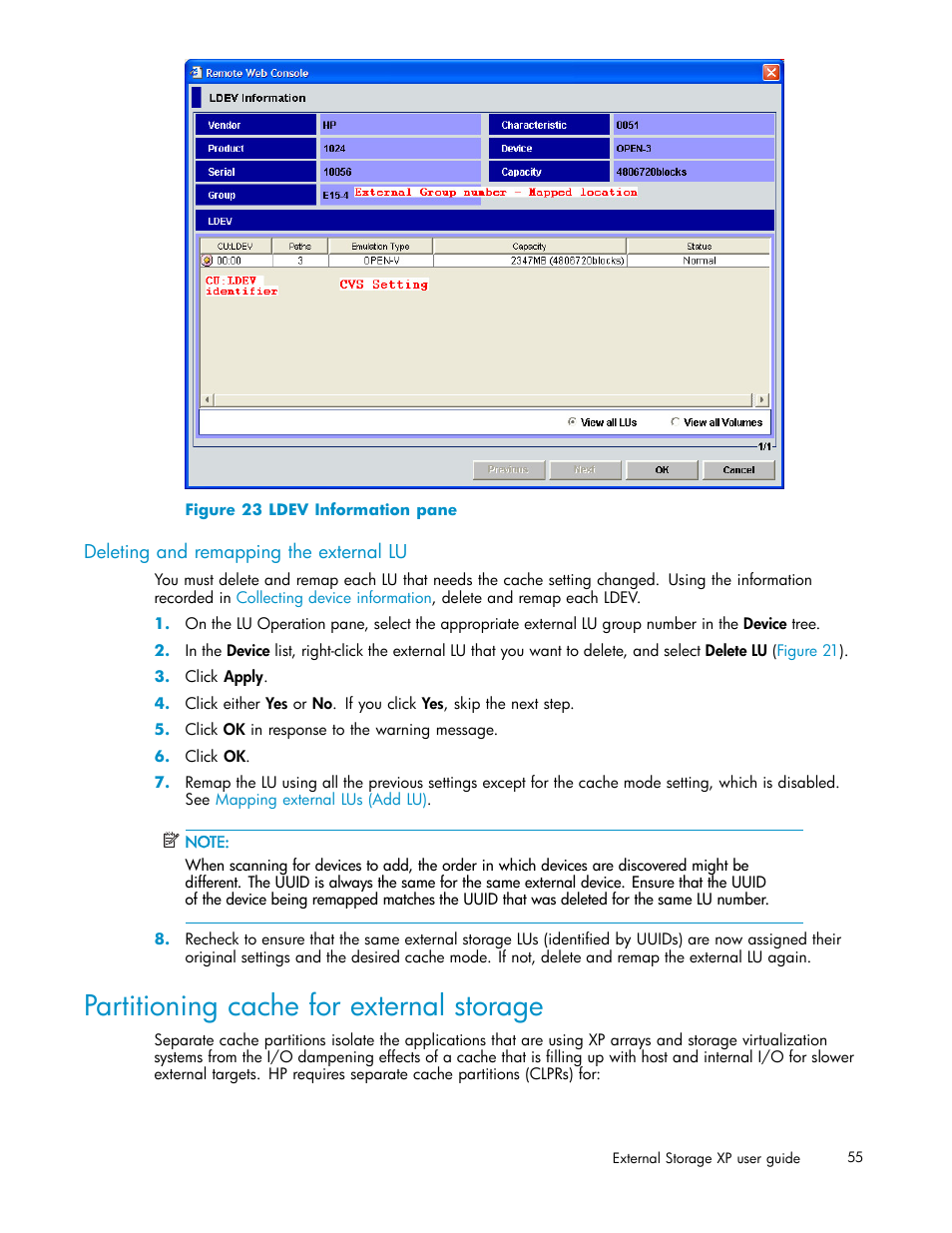Deleting and remapping the external lu, Partitioning cache for external storage, Ldev information pane | Figure 23 | HP XP Data Shredder Software User Manual | Page 55 / 176