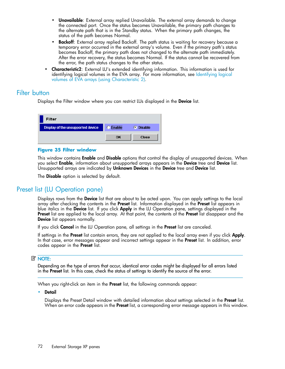 Filter button, Preset list (lu operation pane), Filter window | HP XP Data Shredder Software User Manual | Page 72 / 176