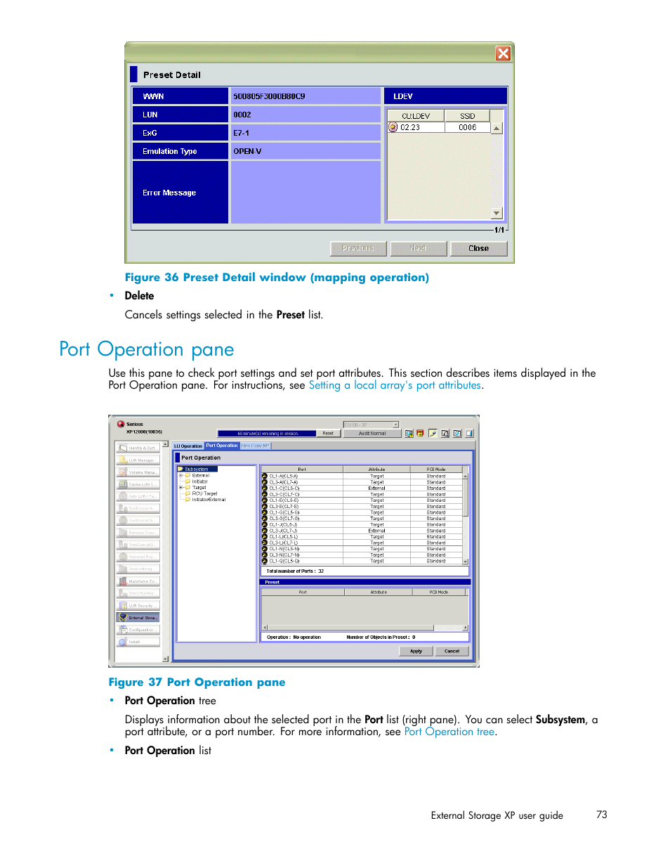 Port operation pane, Preset detail window (mapping operation) | HP XP Data Shredder Software User Manual | Page 73 / 176
