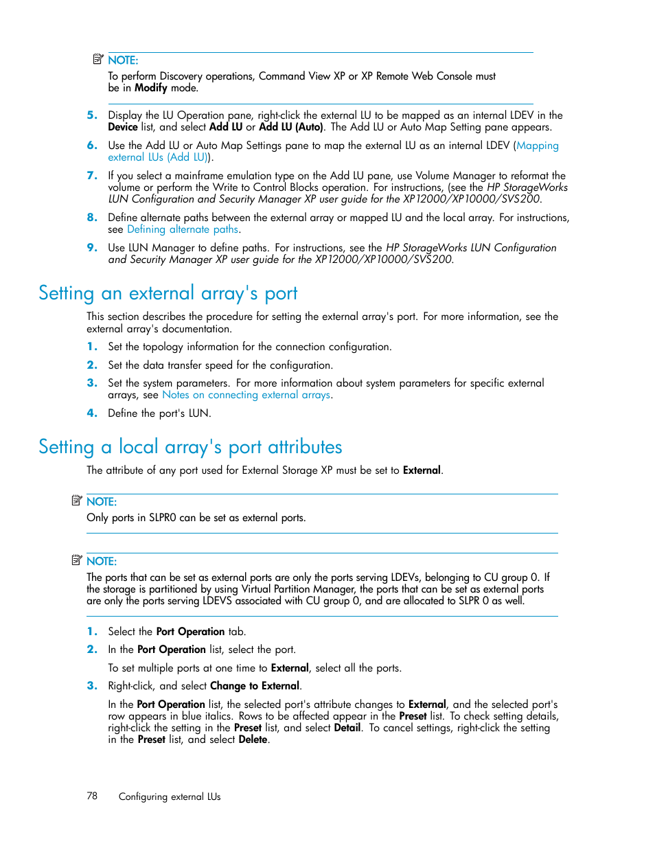 Setting an external array's port, Setting a local array's port attributes, Setting a local array's port | Attributes | HP XP Data Shredder Software User Manual | Page 78 / 176