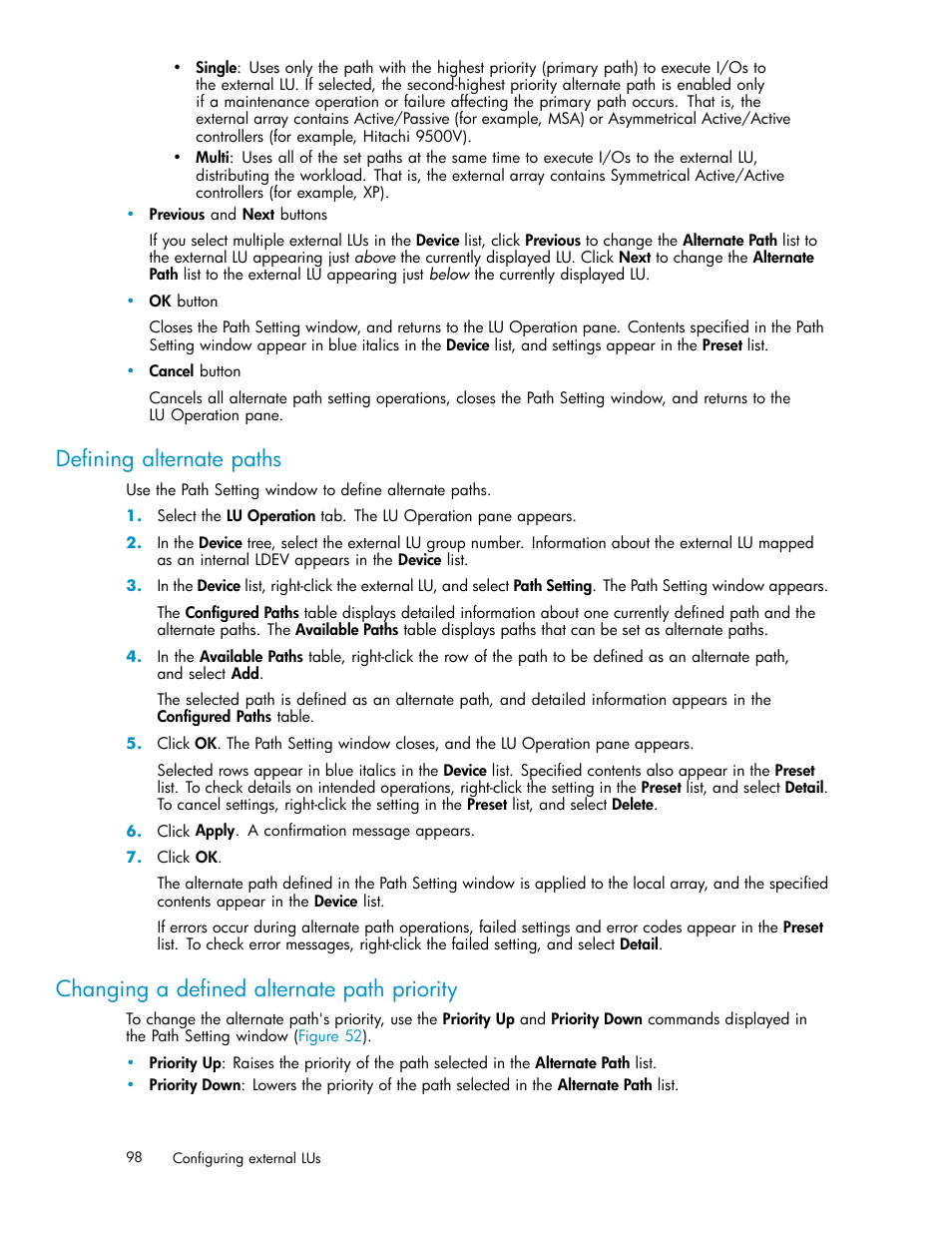 Defining alternate paths, Changing a defined alternate path priority | HP XP Data Shredder Software User Manual | Page 98 / 176