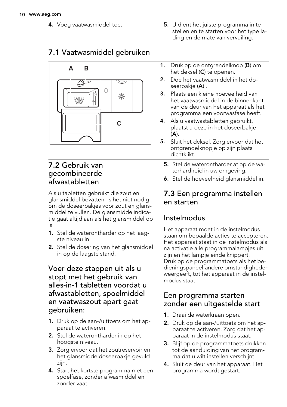 1 vaatwasmiddel gebruiken, 2 gebruik van gecombineerde afwastabletten, 3 een programma instellen en starten instelmodus | Een programma starten zonder een uitgestelde start | AEG F35000VI1P User Manual | Page 10 / 64