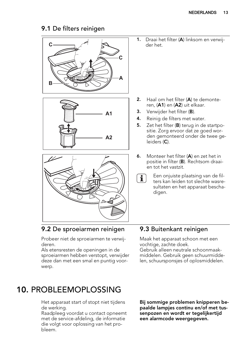 Probleemoplossing, 1 de filters reinigen, 2 de sproeiarmen reinigen | 3 buitenkant reinigen | AEG F35000VI1P User Manual | Page 13 / 64