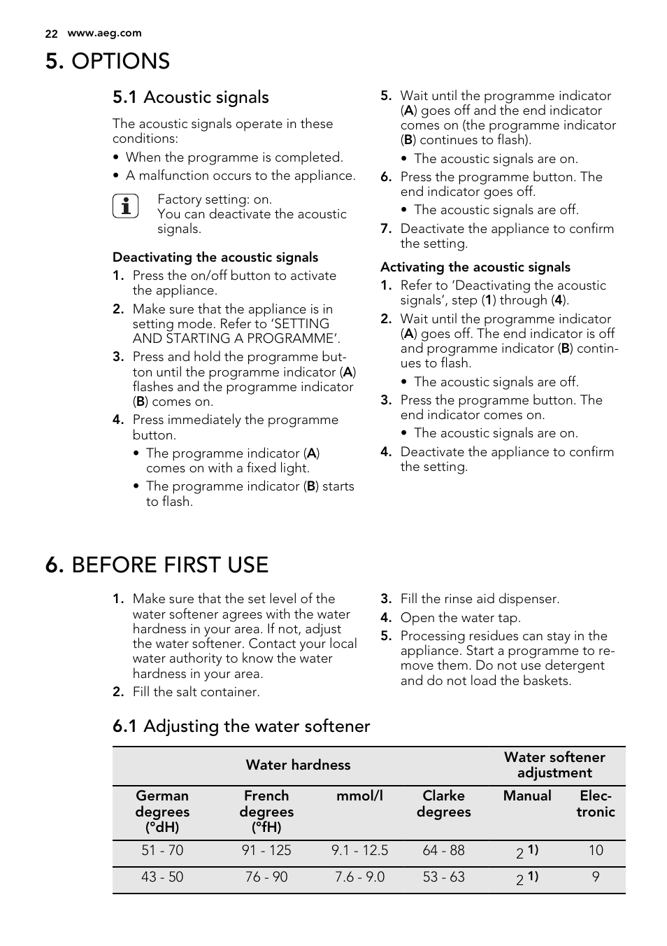 Options, Before first use, 1 acoustic signals | 1 adjusting the water softener | AEG F35000VI1P User Manual | Page 22 / 64