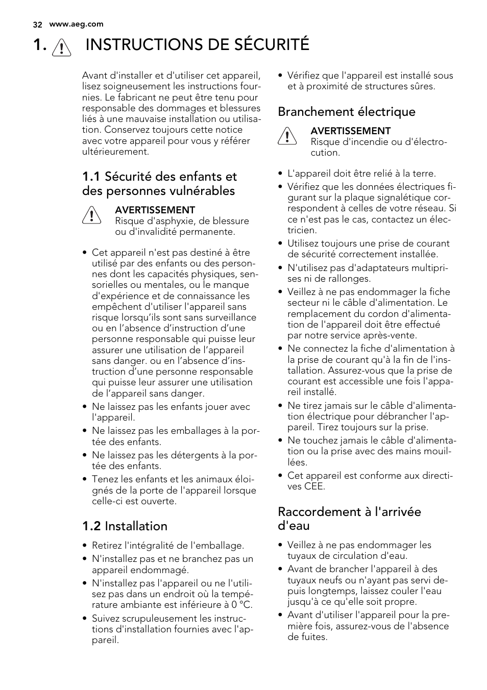 Instructions de sécurité, 2 installation, Branchement électrique | Raccordement à l'arrivée d'eau | AEG F35000VI1P User Manual | Page 32 / 64
