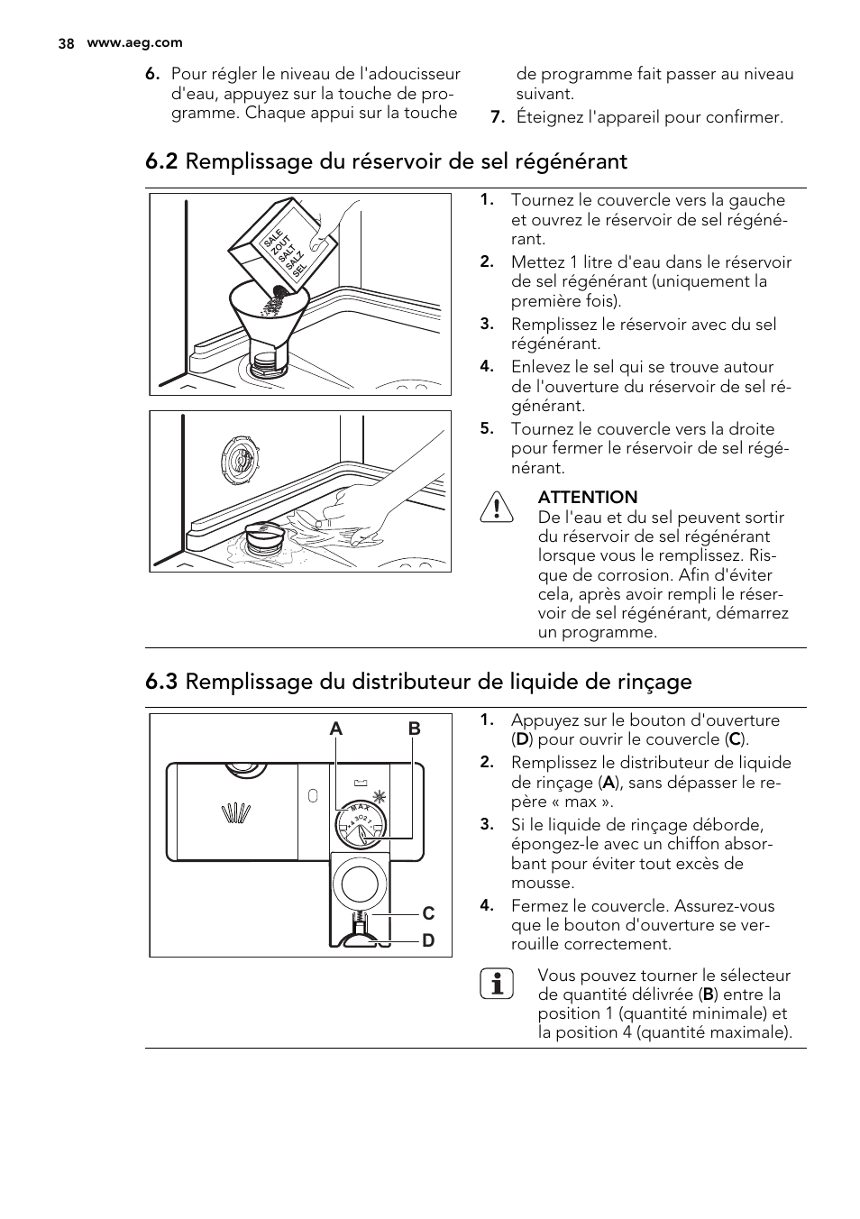2 remplissage du réservoir de sel régénérant | AEG F35000VI1P User Manual | Page 38 / 64
