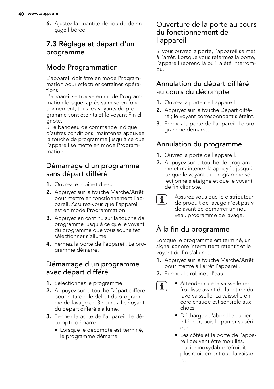Démarrage d'un programme sans départ différé, Démarrage d'un programme avec départ différé, Annulation du départ différé au cours du décompte | Annulation du programme, À la fin du programme | AEG F35000VI1P User Manual | Page 40 / 64