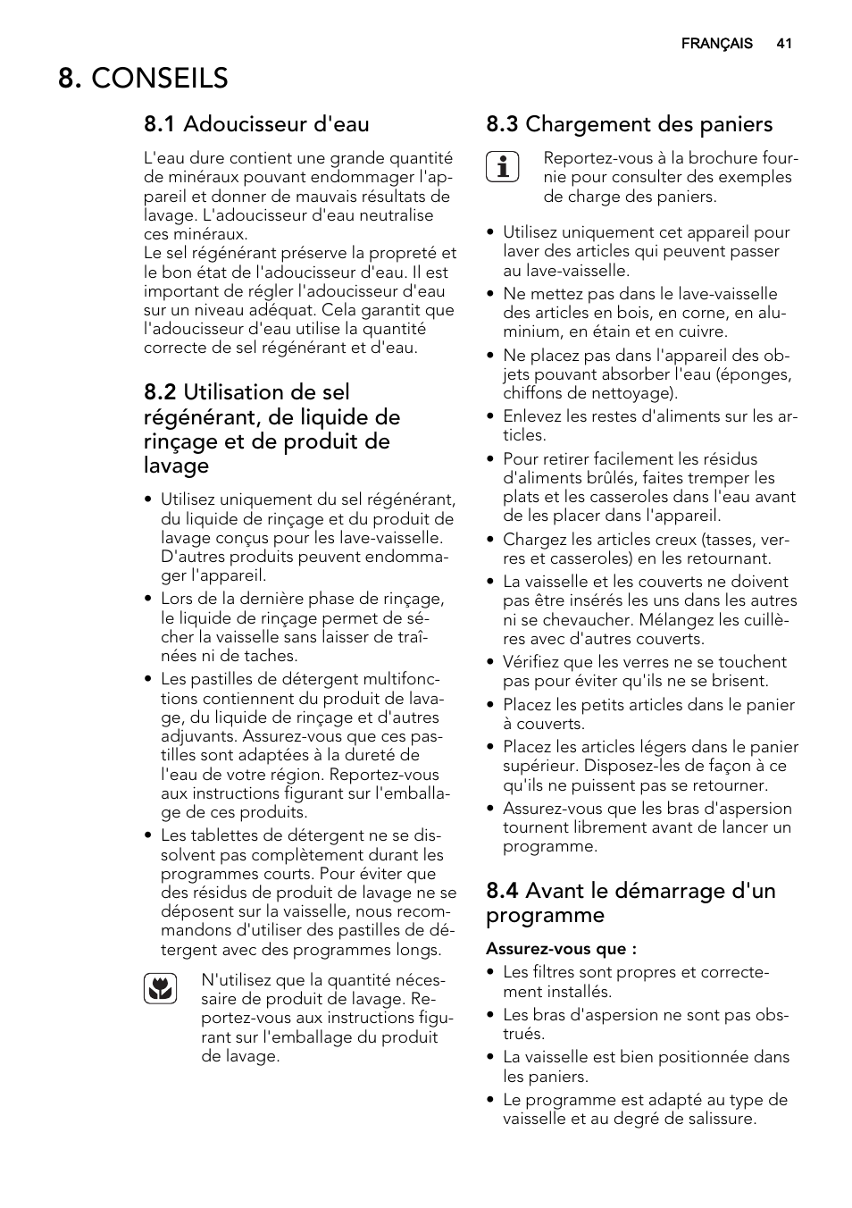 Conseils, 1 adoucisseur d'eau, 3 chargement des paniers | 4 avant le démarrage d'un programme | AEG F35000VI1P User Manual | Page 41 / 64