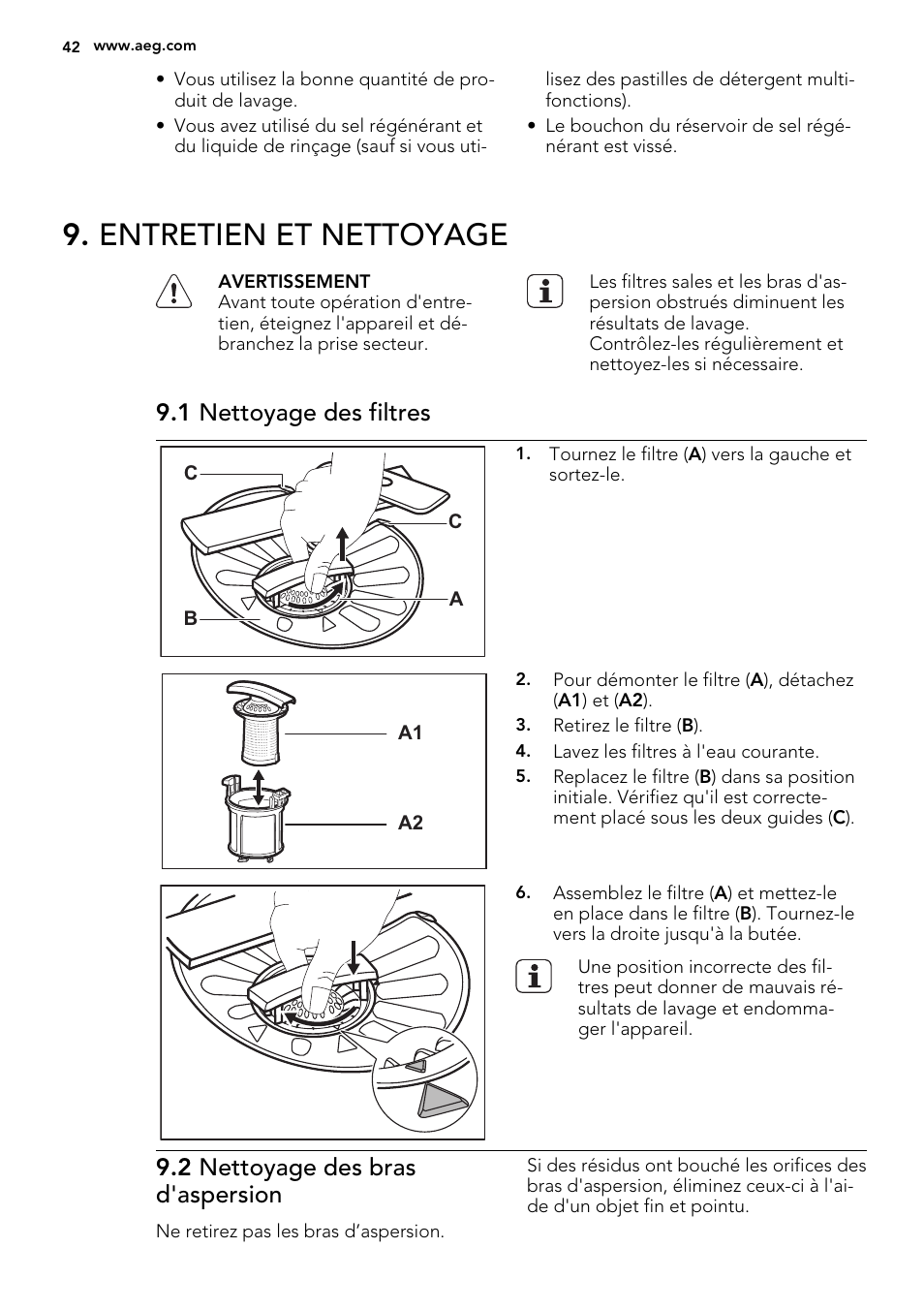 Entretien et nettoyage, 1 nettoyage des filtres, 2 nettoyage des bras d'aspersion | AEG F35000VI1P User Manual | Page 42 / 64
