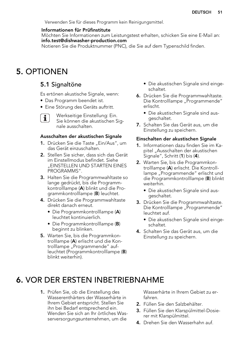 Optionen, Vor der ersten inbetriebnahme, 1 signaltöne | AEG F35000VI1P User Manual | Page 51 / 64