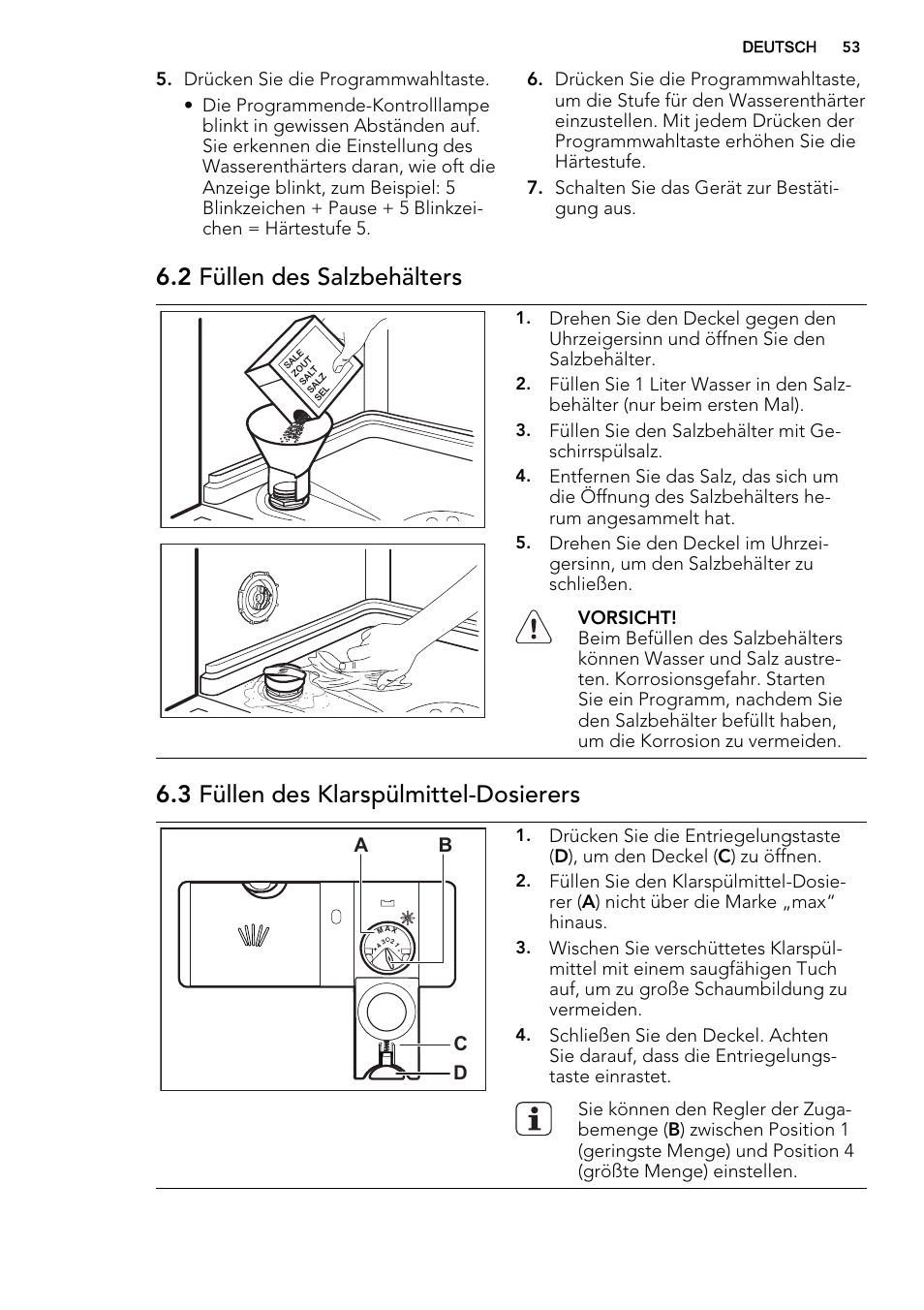 2 füllen des salzbehälters, 3 füllen des klarspülmittel-dosierers | AEG F35000VI1P User Manual | Page 53 / 64
