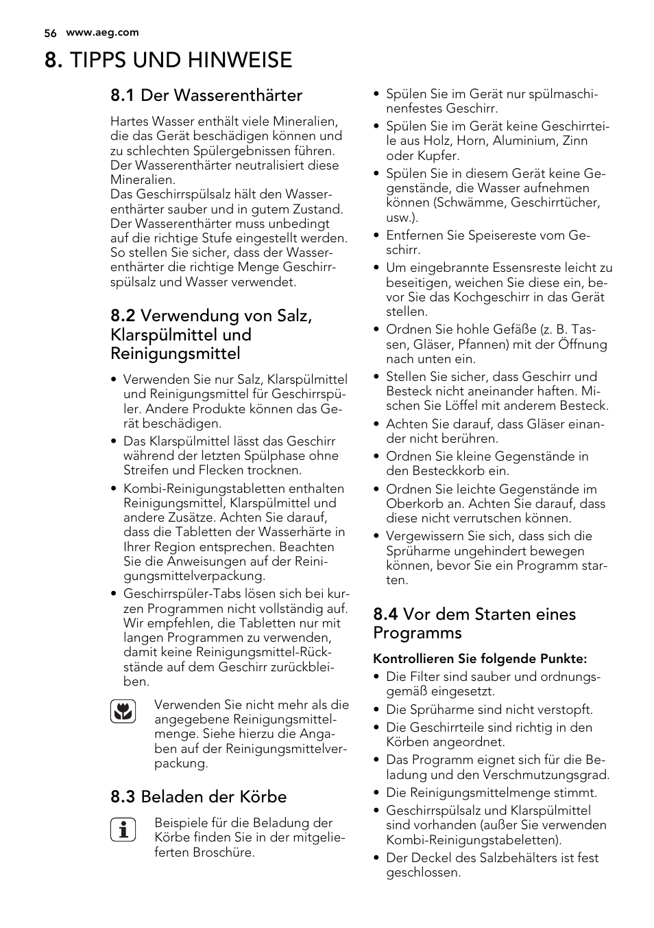 Tipps und hinweise, 1 der wasserenthärter, 3 beladen der körbe | 4 vor dem starten eines programms | AEG F35000VI1P User Manual | Page 56 / 64