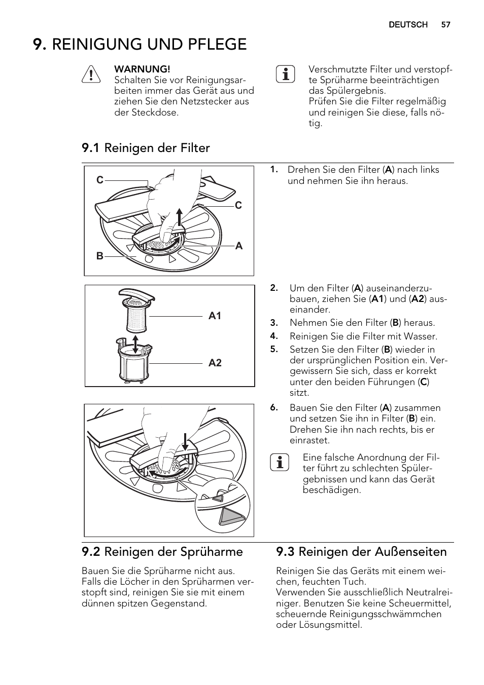 Reinigung und pflege, 1 reinigen der filter, 2 reinigen der sprüharme | 3 reinigen der außenseiten | AEG F35000VI1P User Manual | Page 57 / 64