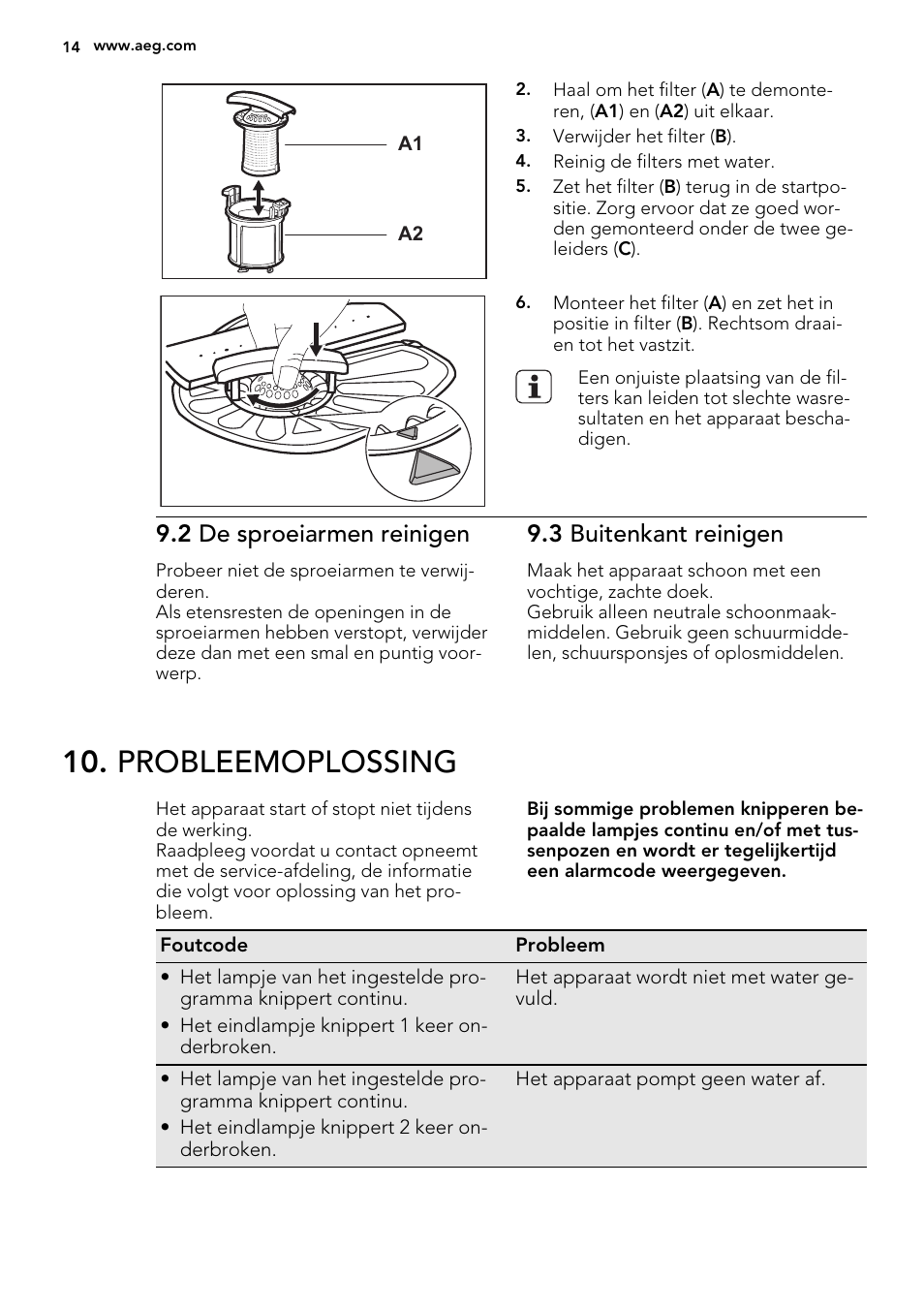 Probleemoplossing, 2 de sproeiarmen reinigen, 3 buitenkant reinigen | AEG F35400VI0 User Manual | Page 14 / 68