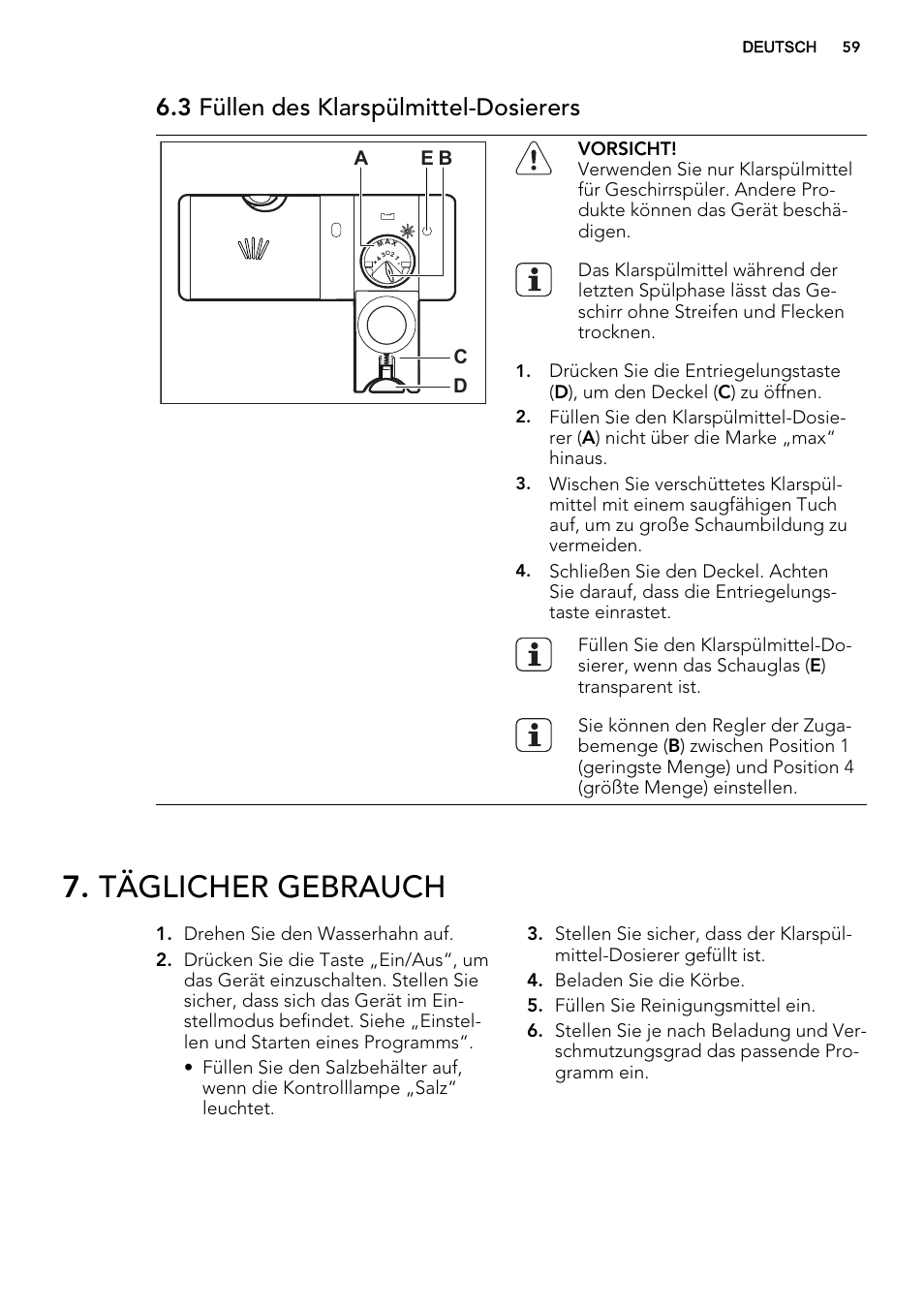 Täglicher gebrauch, 3 füllen des klarspülmittel-dosierers | AEG F35400VI0 User Manual | Page 59 / 68