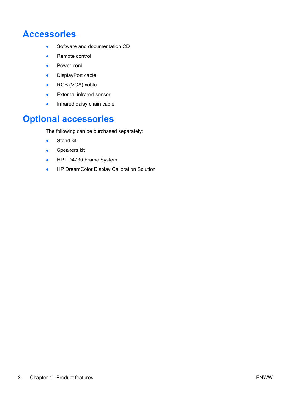 Accessories, Optional accessories, Accessories optional accessories | HP LD4730 47-inch Micro-Bezel Video Wall Display User Manual | Page 10 / 72