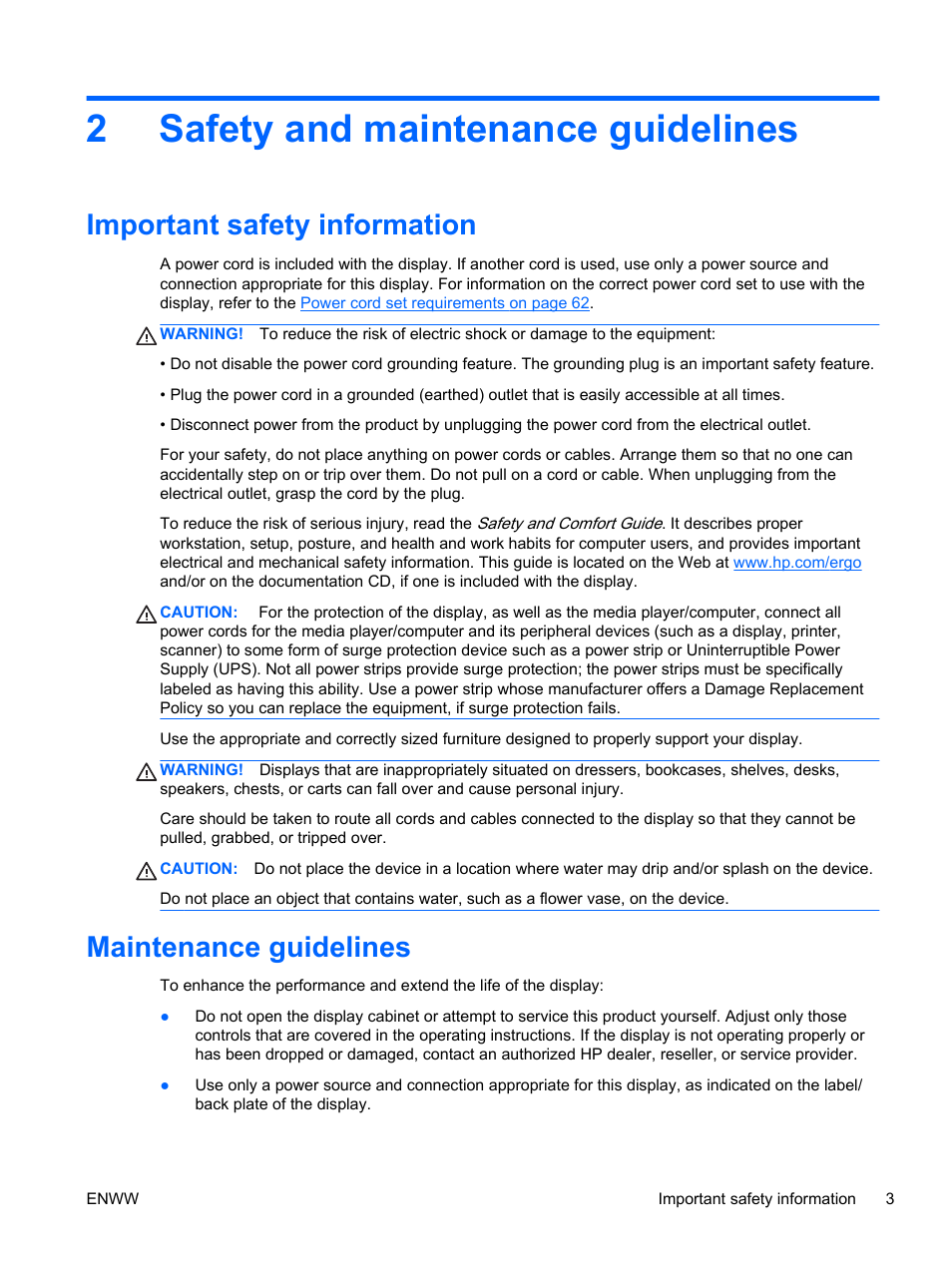 Safety and maintenance guidelines, Important safety information, Maintenance guidelines | 2 safety and maintenance guidelines, 2safety and maintenance guidelines | HP LD4730 47-inch Micro-Bezel Video Wall Display User Manual | Page 11 / 72