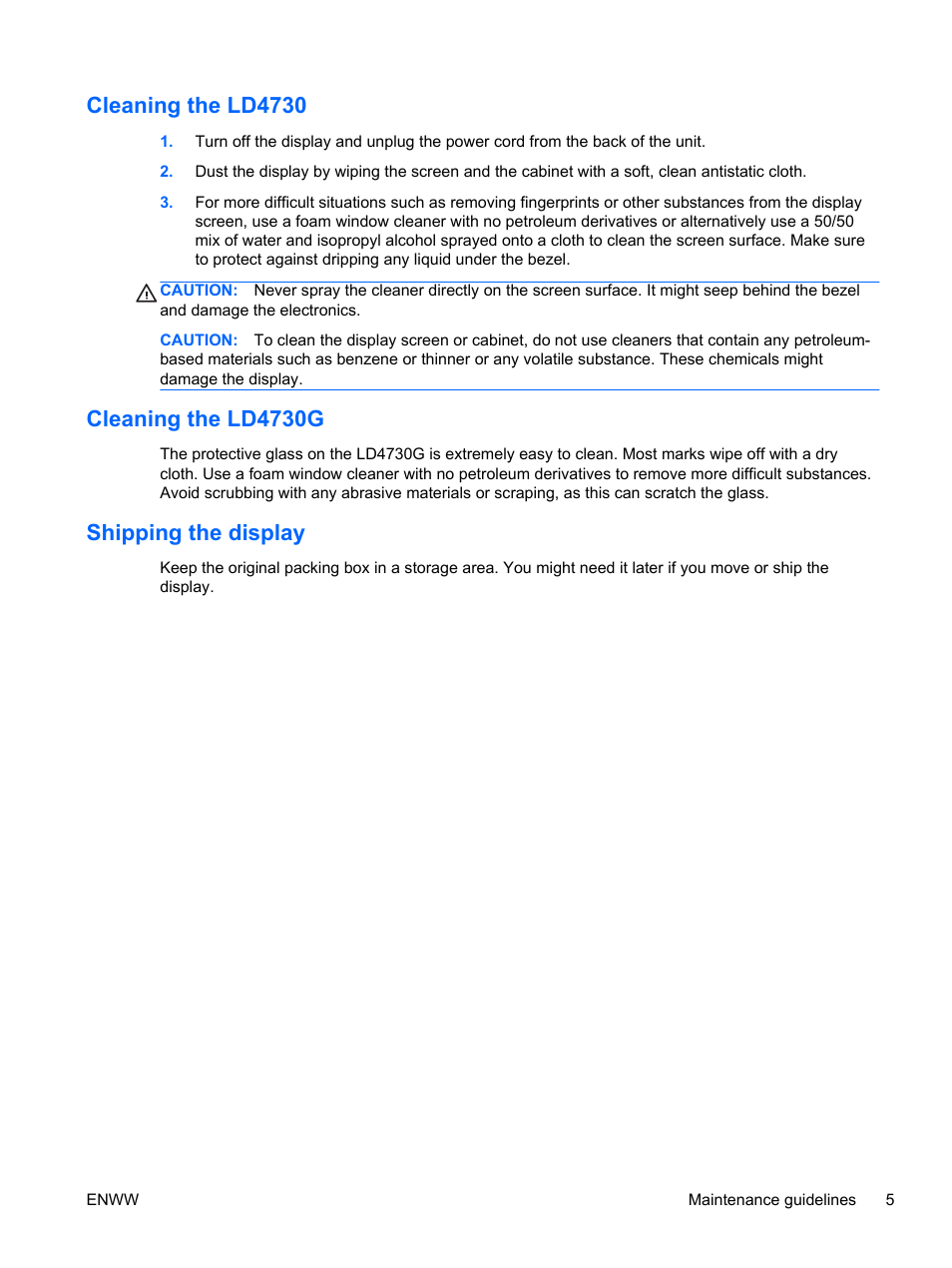Cleaning the ld4730, Cleaning the ld4730g, Shipping the display | HP LD4730 47-inch Micro-Bezel Video Wall Display User Manual | Page 13 / 72