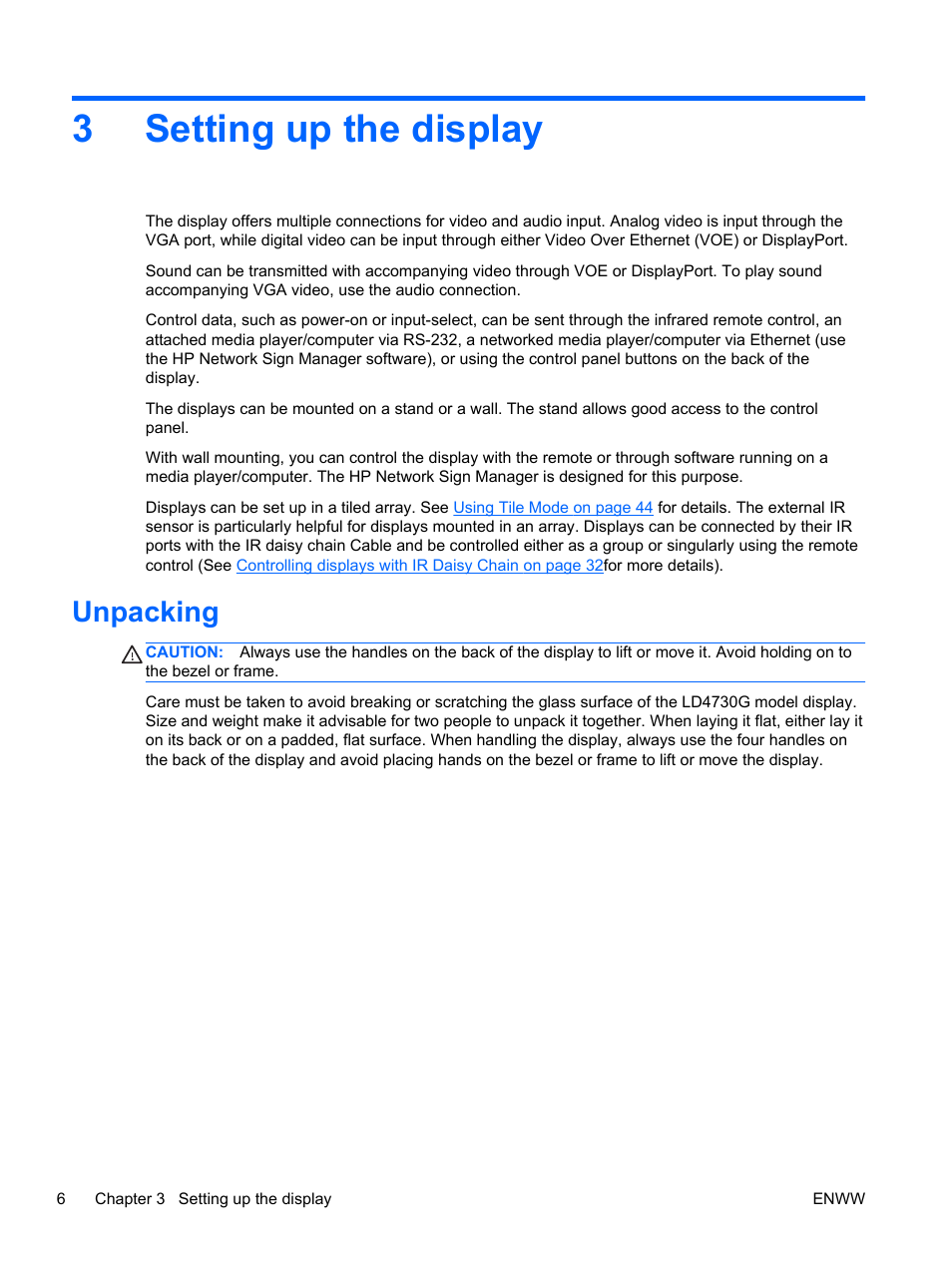 Setting up the display, Unpacking, 3 setting up the display | 3setting up the display | HP LD4730 47-inch Micro-Bezel Video Wall Display User Manual | Page 14 / 72