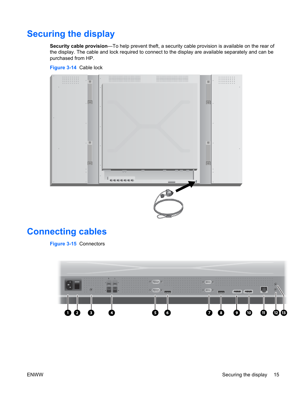 Securing the display, Connecting cables, Securing the display connecting cables | HP LD4730 47-inch Micro-Bezel Video Wall Display User Manual | Page 23 / 72