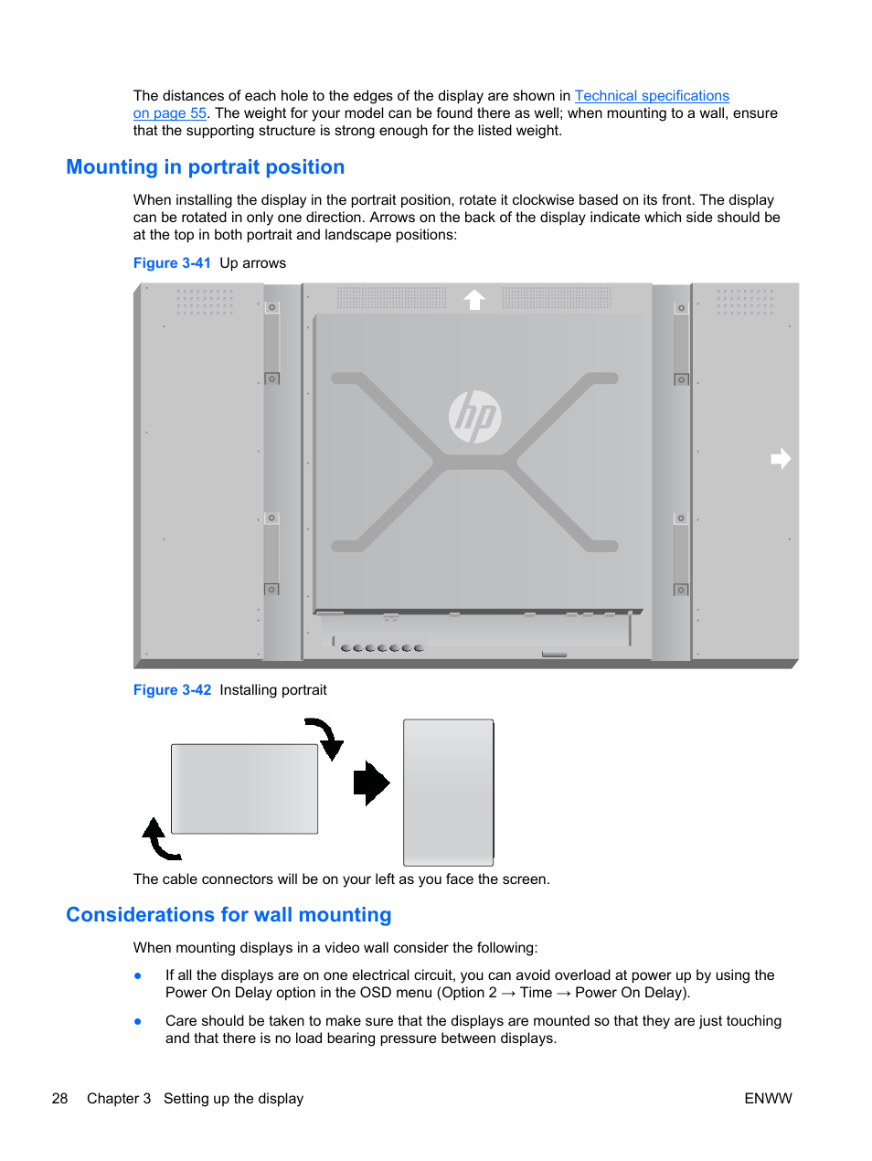 Mounting in portrait position, Considerations for wall mounting | HP LD4730 47-inch Micro-Bezel Video Wall Display User Manual | Page 36 / 72