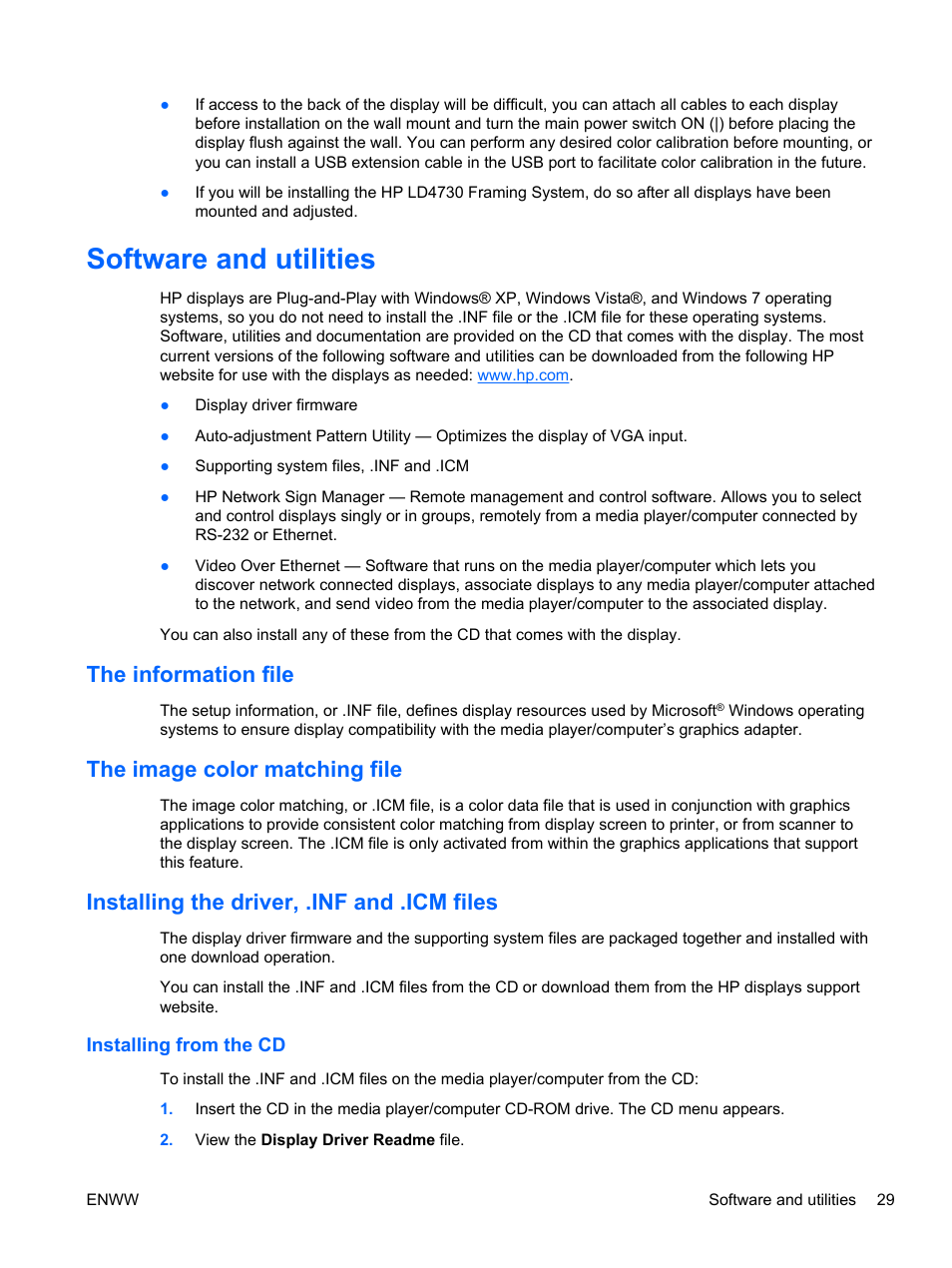 Software and utilities, The information file, The image color matching file | Installing the driver, .inf and .icm files, Installing from the cd | HP LD4730 47-inch Micro-Bezel Video Wall Display User Manual | Page 37 / 72
