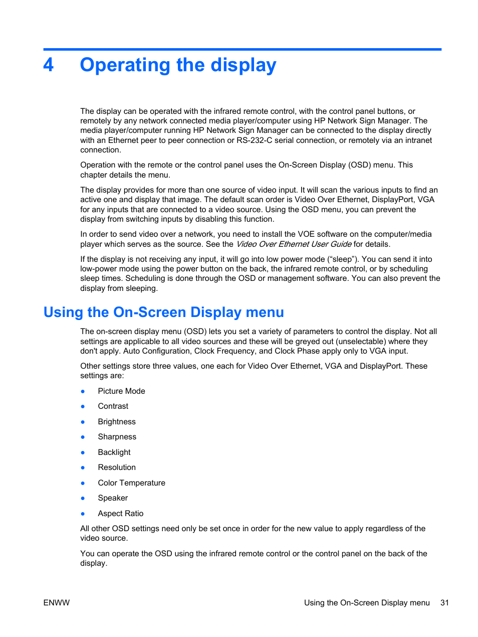 Operating the display, Using the on-screen display menu, 4 operating the display | 4operating the display | HP LD4730 47-inch Micro-Bezel Video Wall Display User Manual | Page 39 / 72