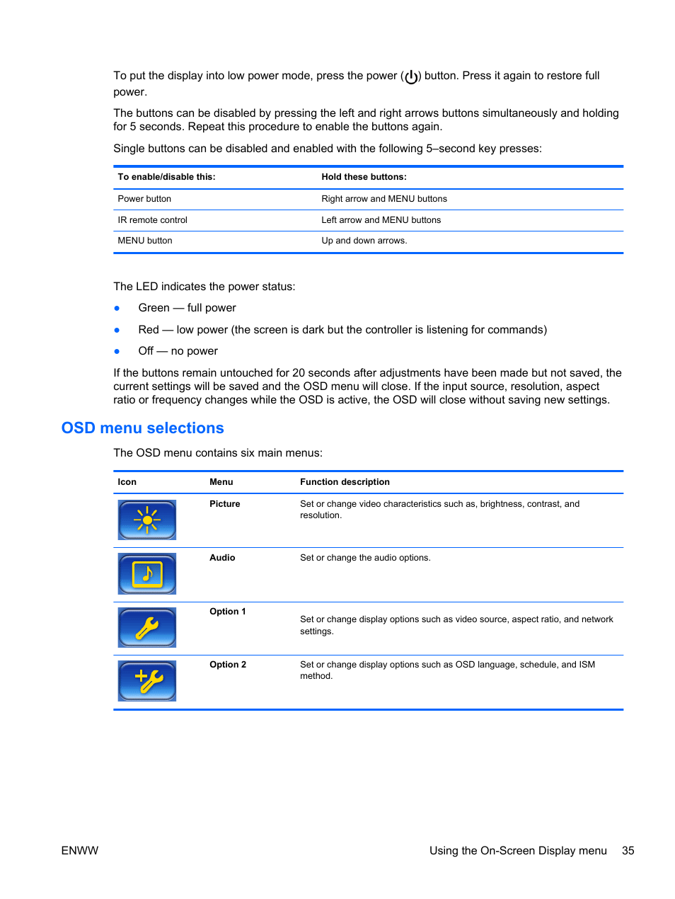 Osd menu selections | HP LD4730 47-inch Micro-Bezel Video Wall Display User Manual | Page 43 / 72