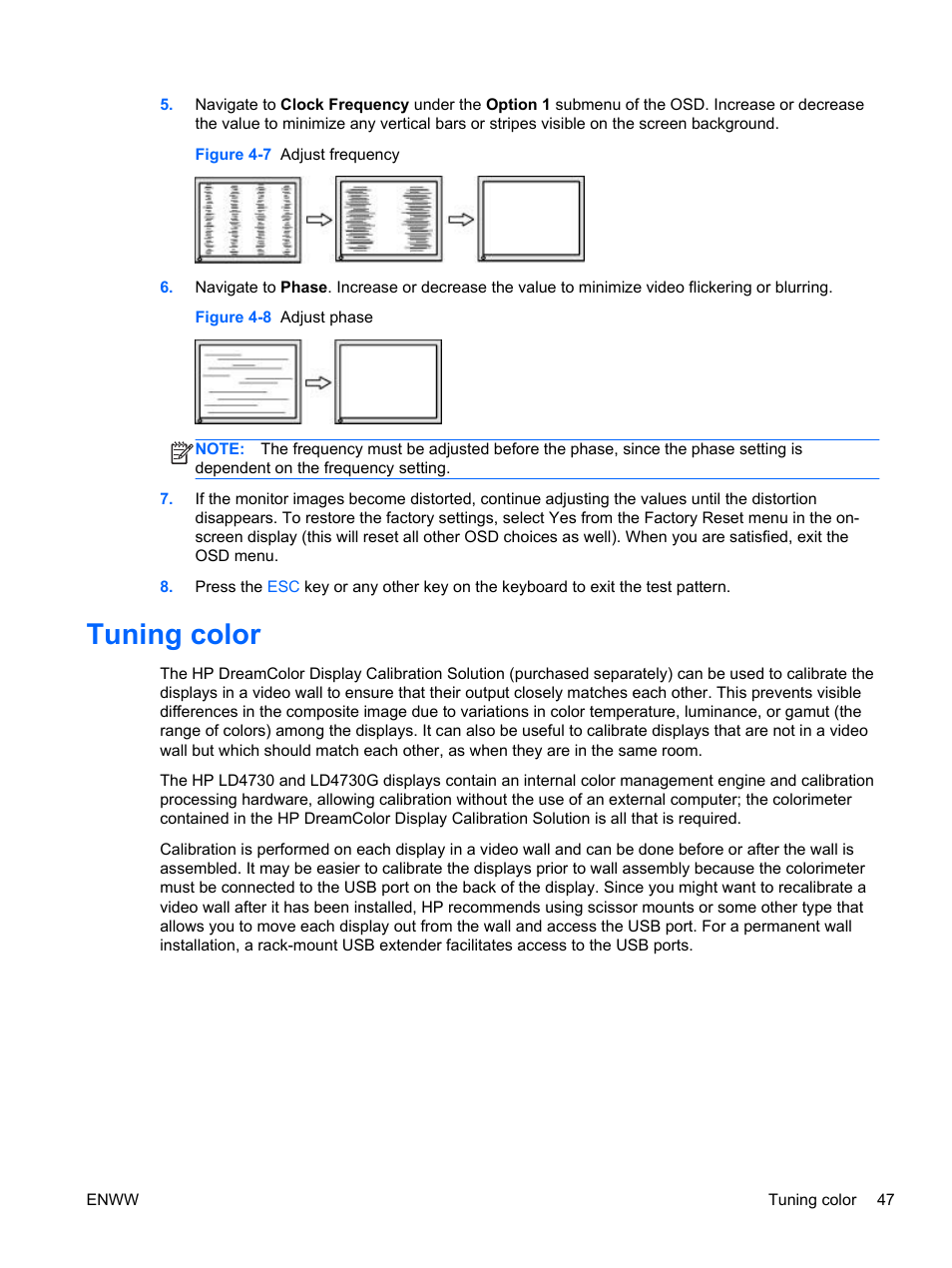 Tuning color, For details of the | HP LD4730 47-inch Micro-Bezel Video Wall Display User Manual | Page 55 / 72