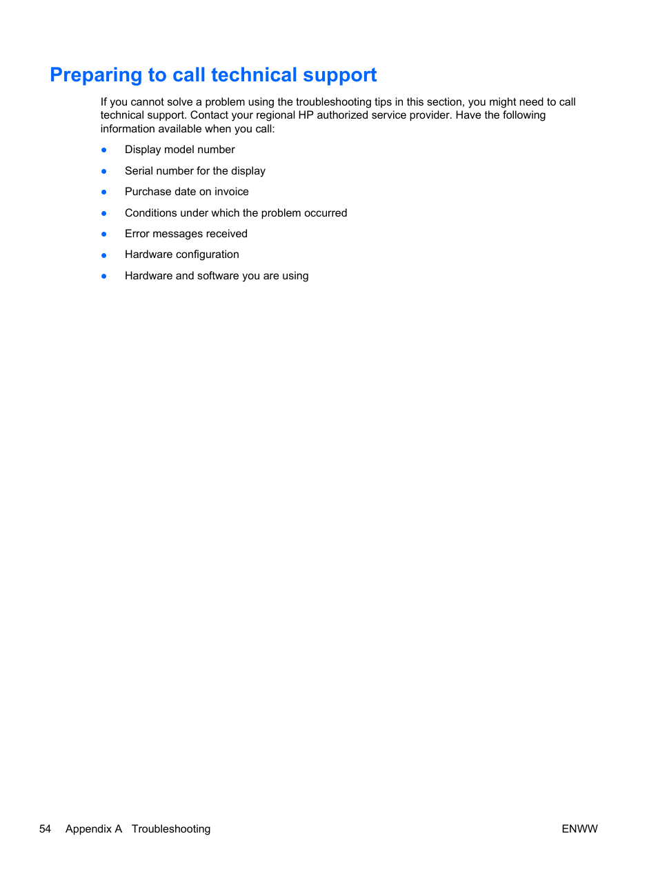 Preparing to call technical support | HP LD4730 47-inch Micro-Bezel Video Wall Display User Manual | Page 62 / 72